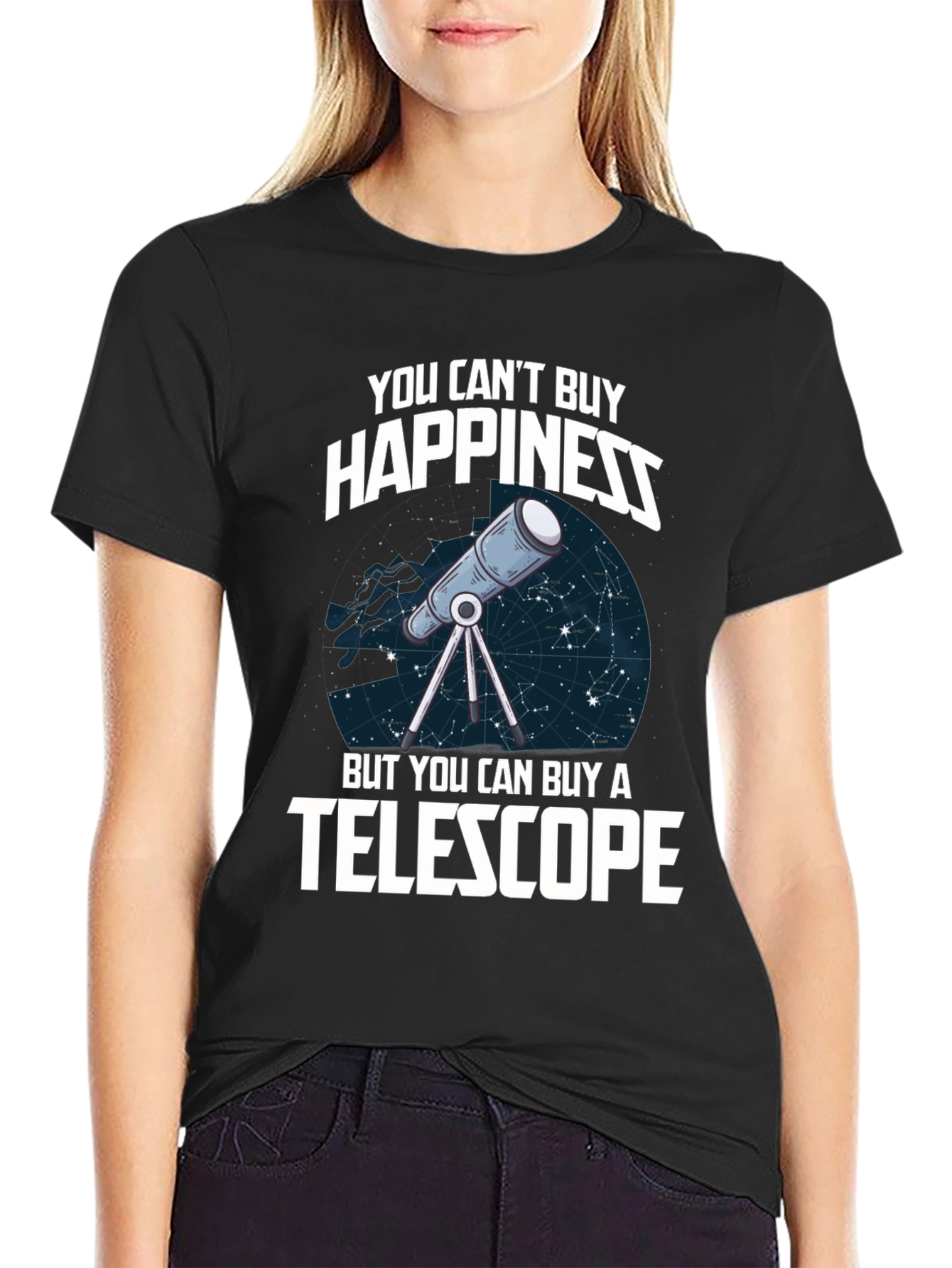 You Cant Buy Happiness Telescope Graphic T-Shirt