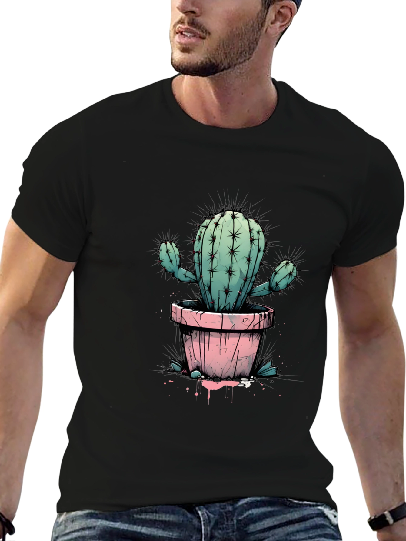 Cactus Tee: Trendy Graphic Print Black T-Shirt