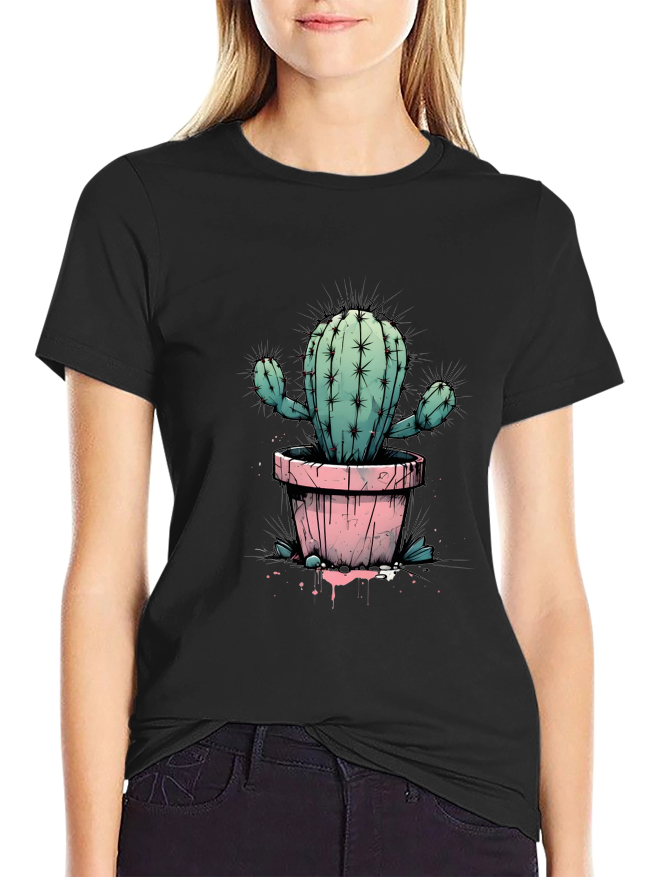 Cactus Tee: Trendy Graphic Print Black T-Shirt