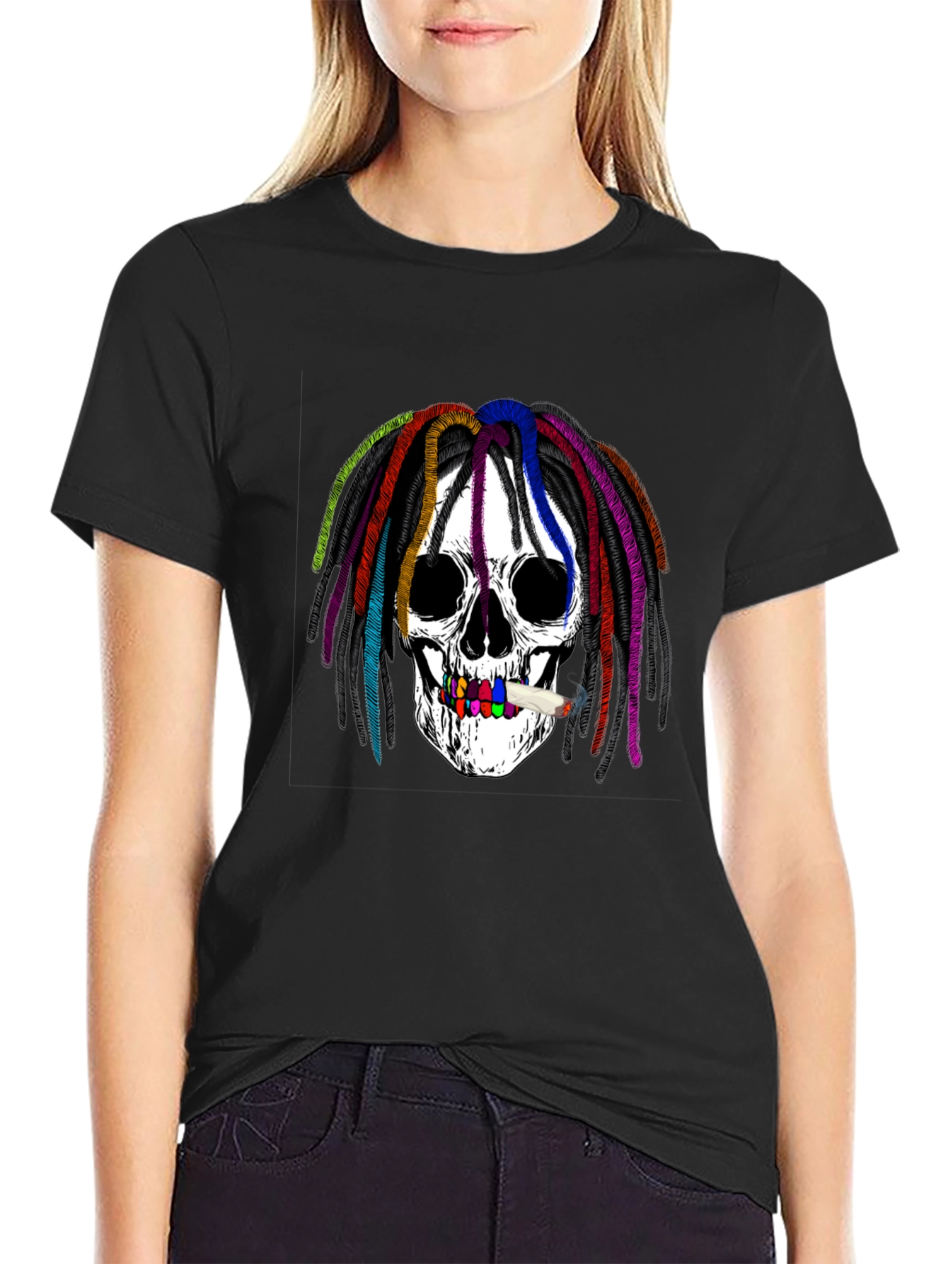 Skull with Rainbow Dreadlocks Graphic Tee