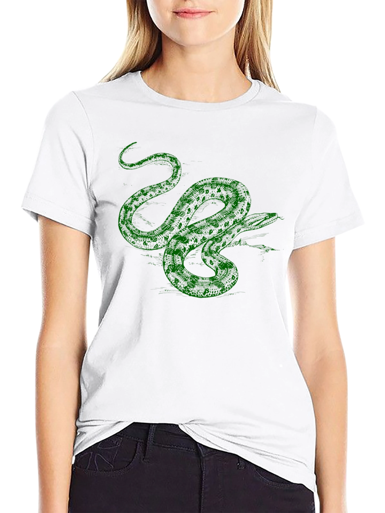 Green Snake Graphic Print Black T-Shirt