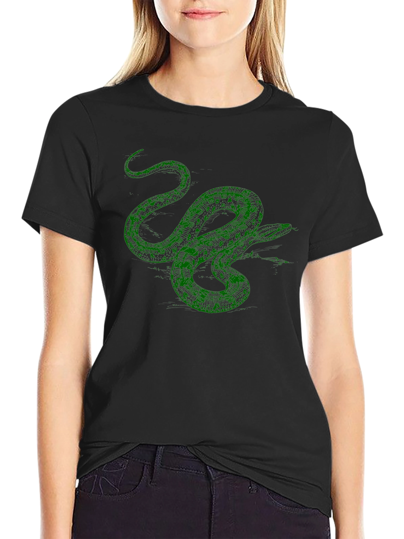 Green Snake Graphic Print Black T-Shirt