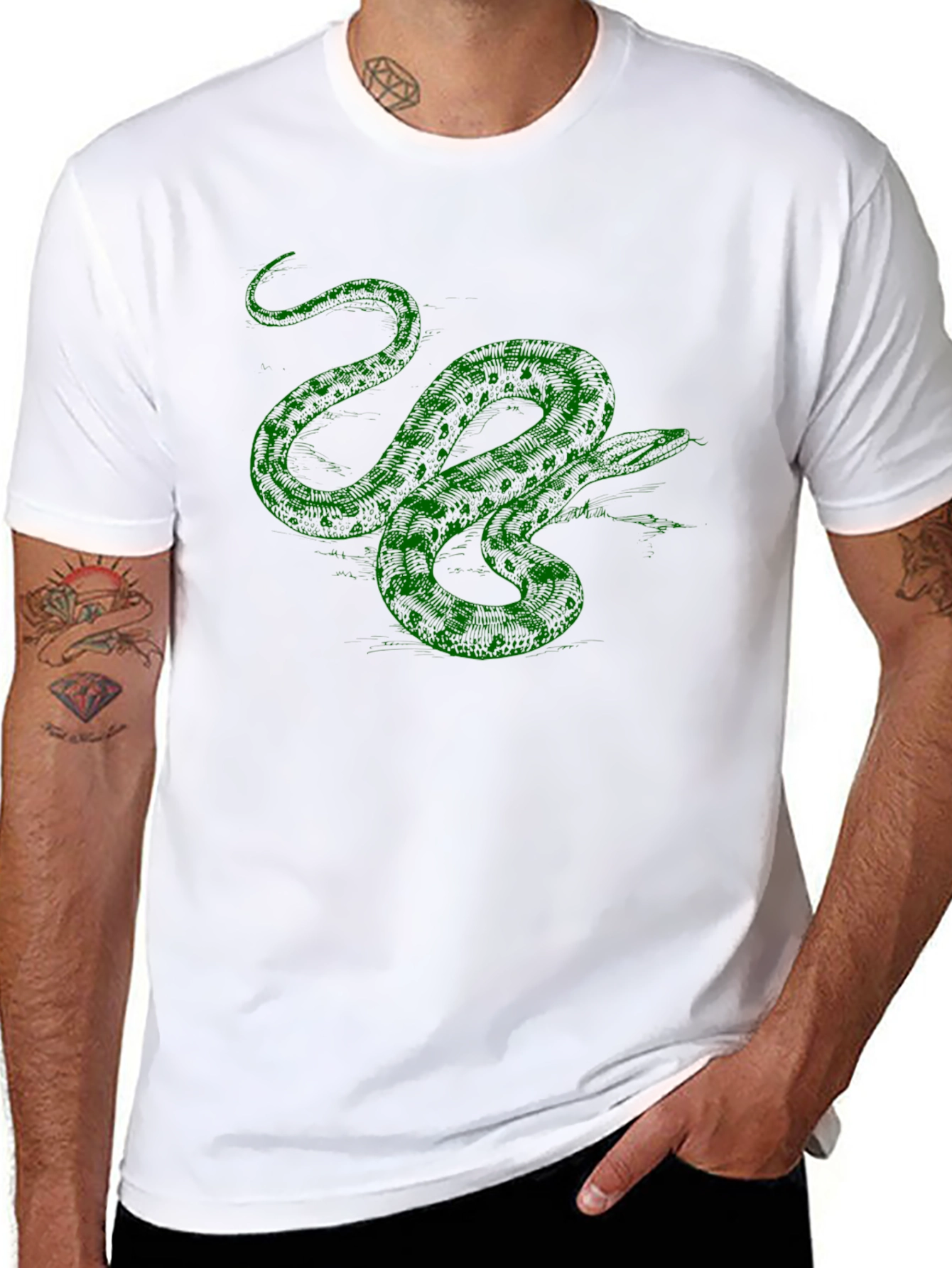 Green Snake Graphic Print Black T-Shirt