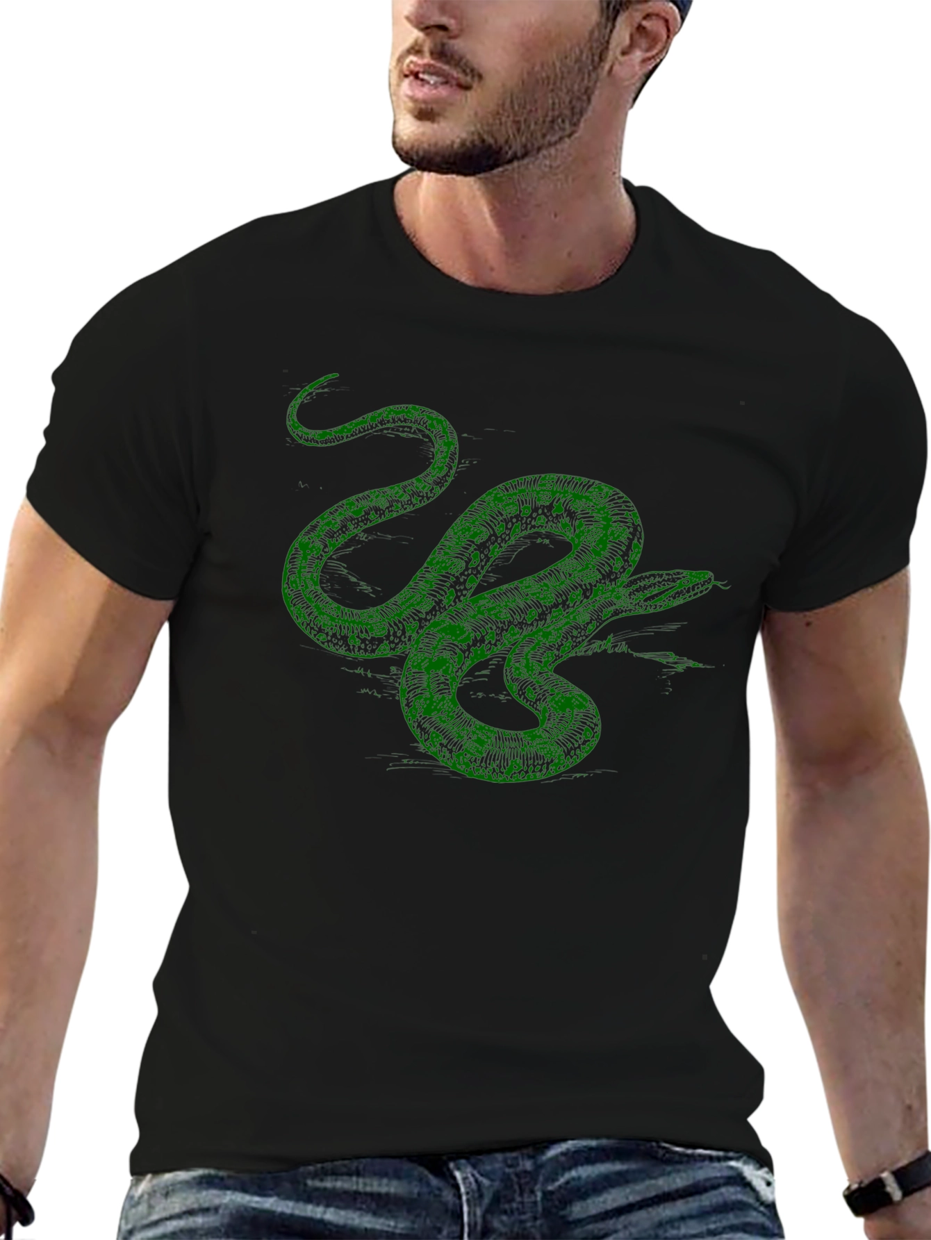 Green Snake Graphic Print Black T-Shirt