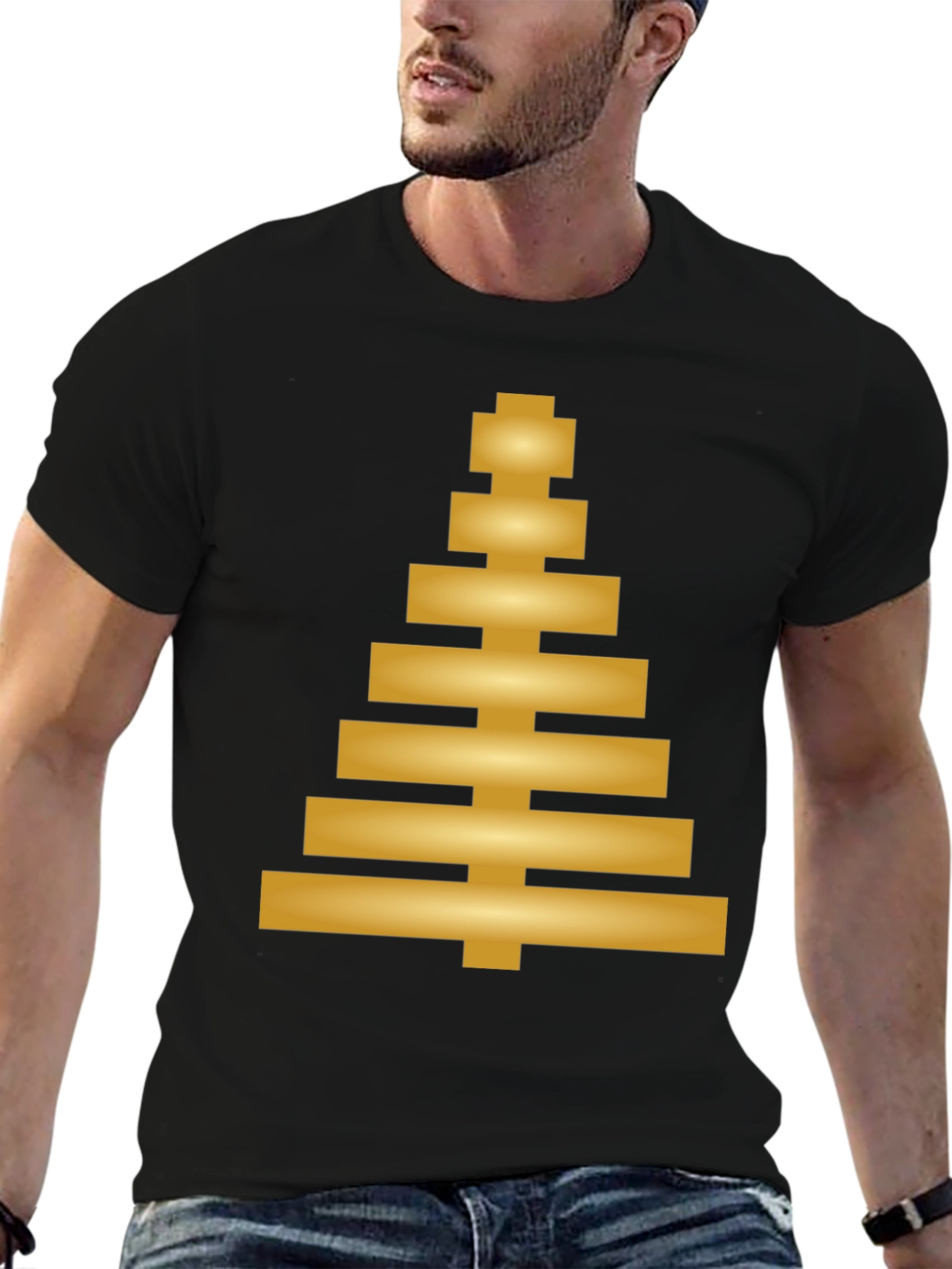Modern Geometric Gold Tree Design Black T-Shirt