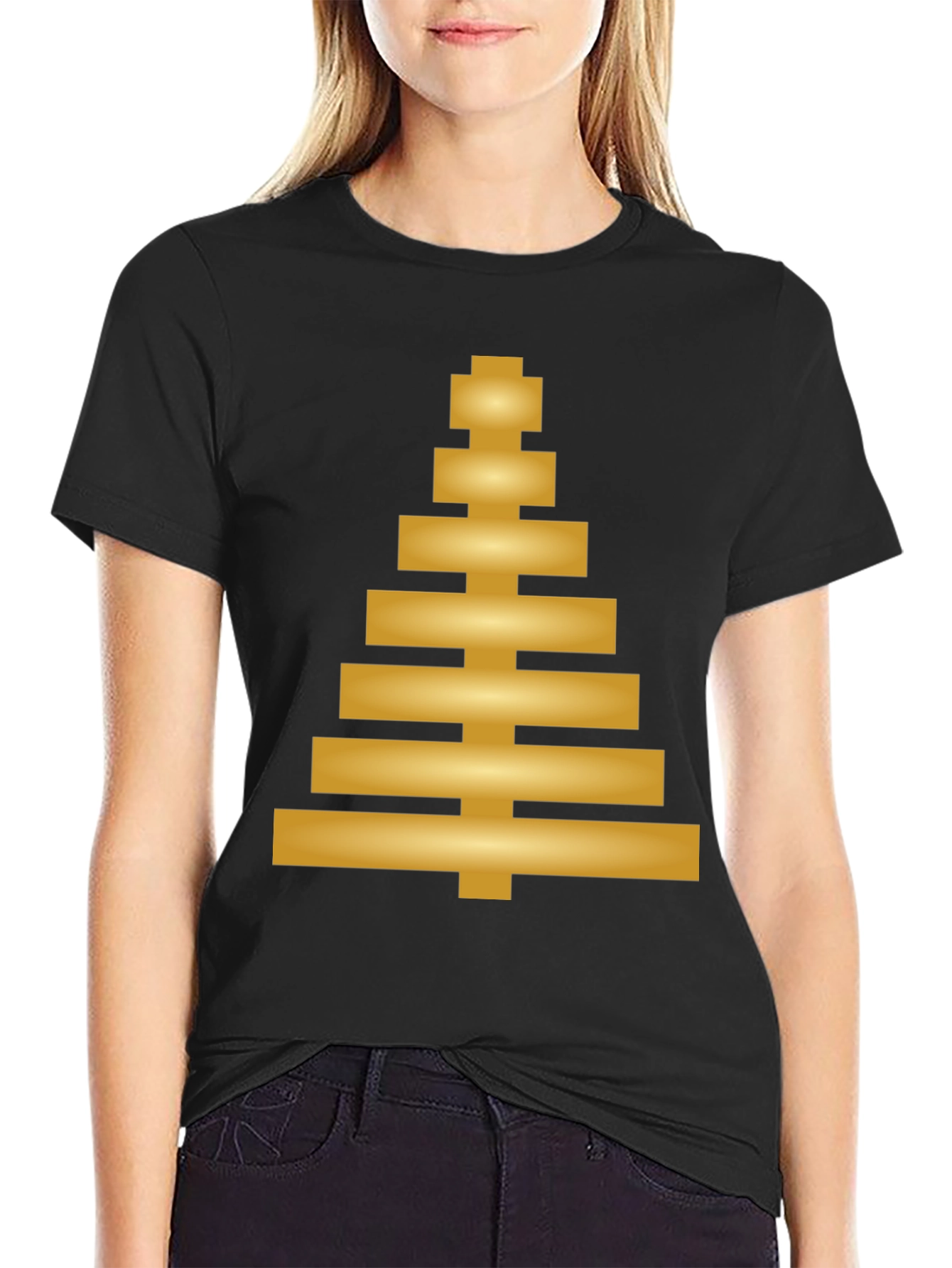 Modern Geometric Gold Tree Design Black T-Shirt