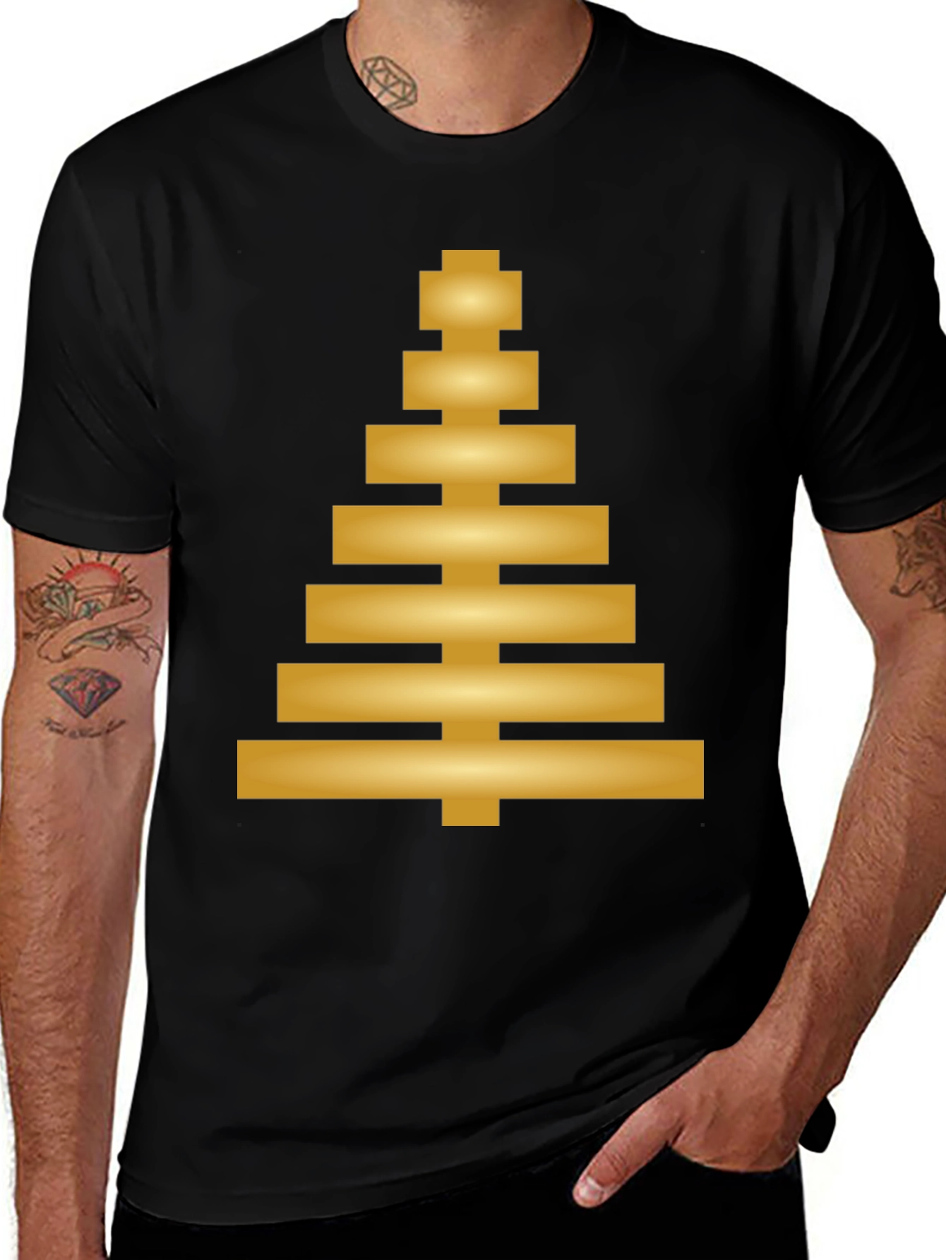 Modern Geometric Gold Tree Design Black T-Shirt