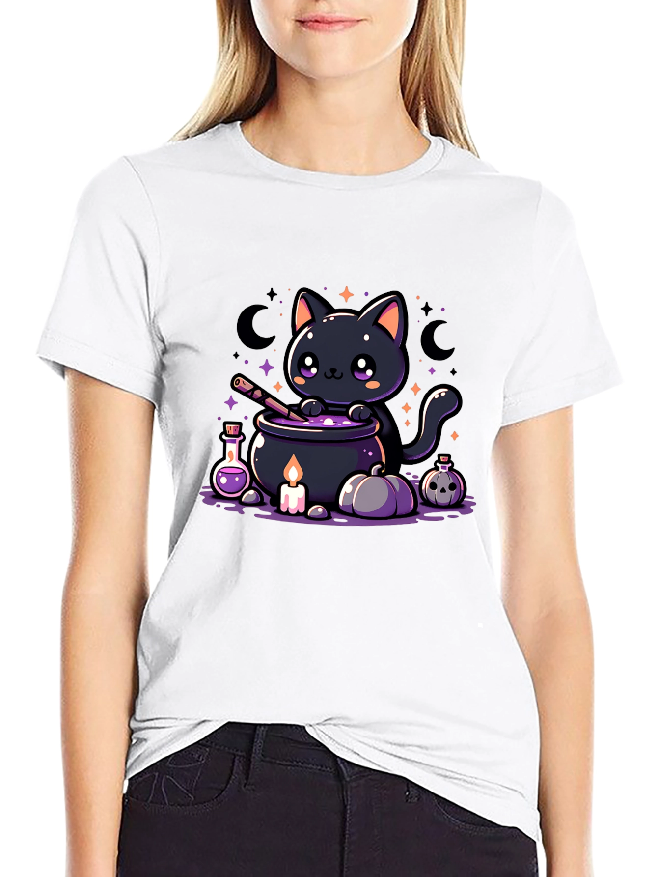 Kawaii Halloween Black Cat Potion Brewing T-Shirt
