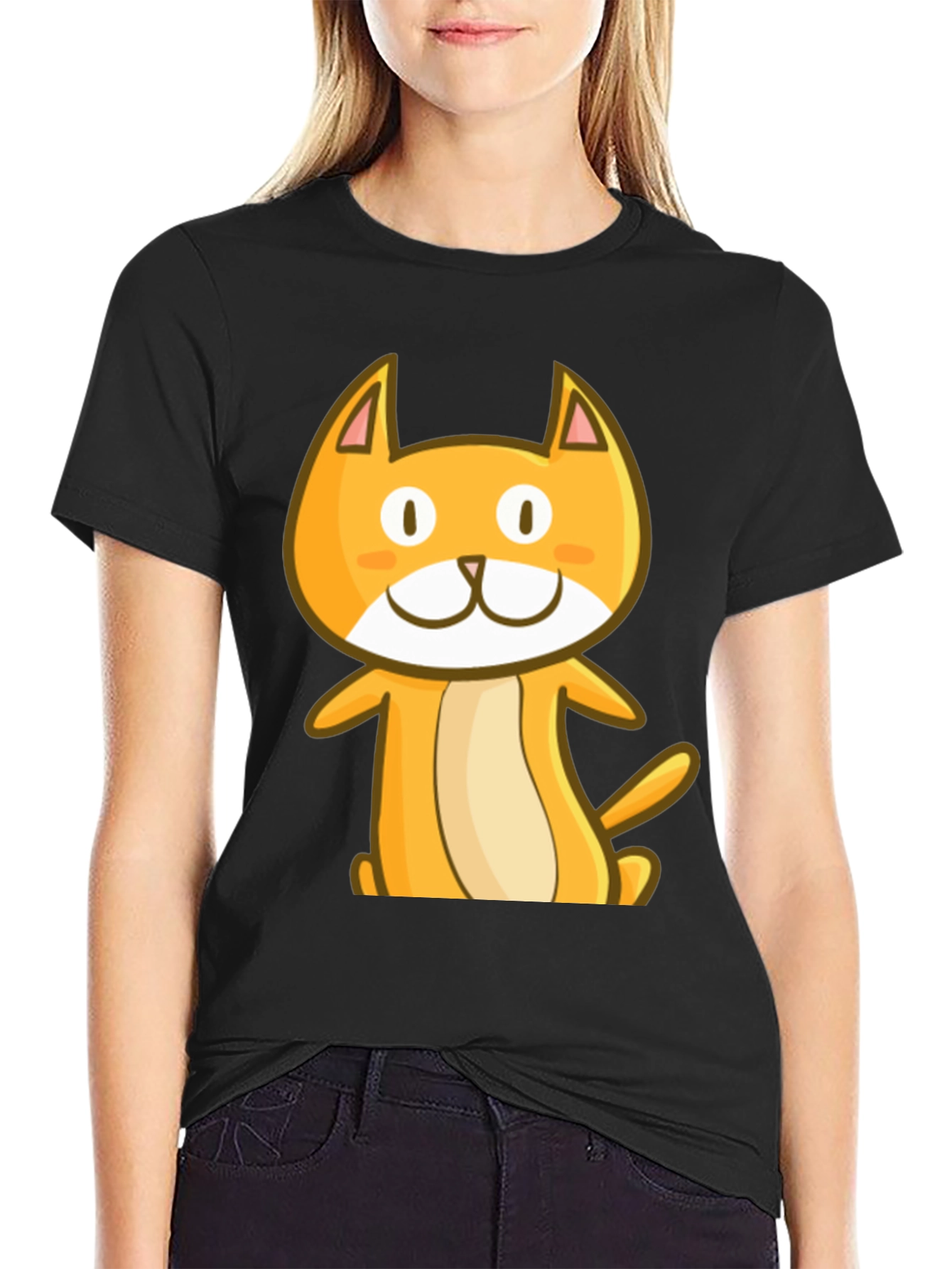 Cute Cartoon Cat Black T-Shirt