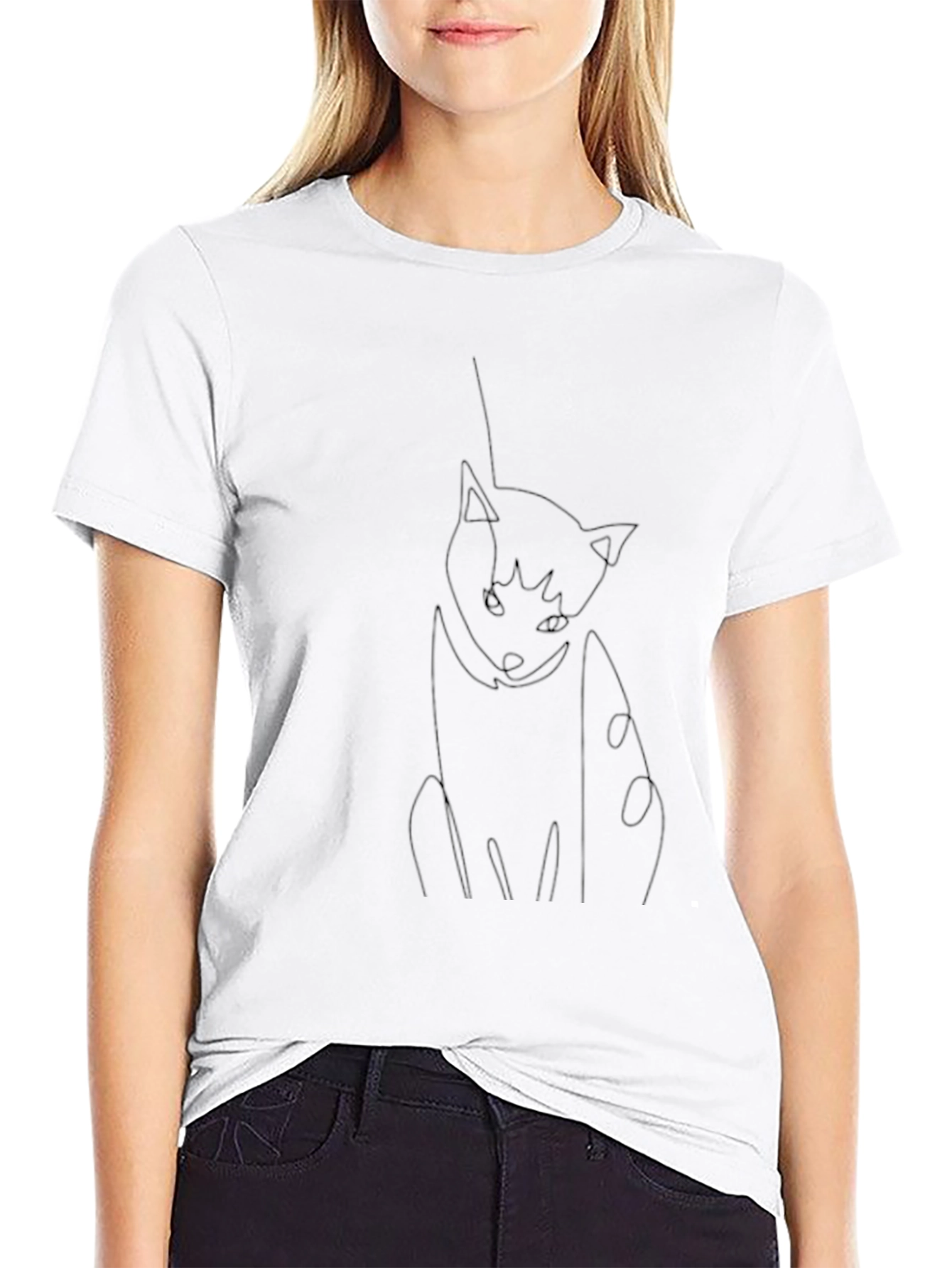 Minimalist Cat Line Art Black T-Shirt