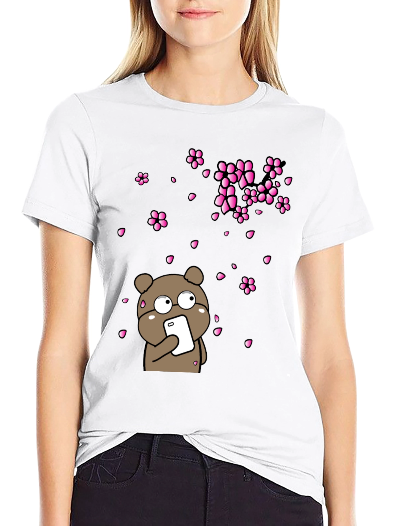 Bear with Phone and Cherry Blossoms Black T-Shirt