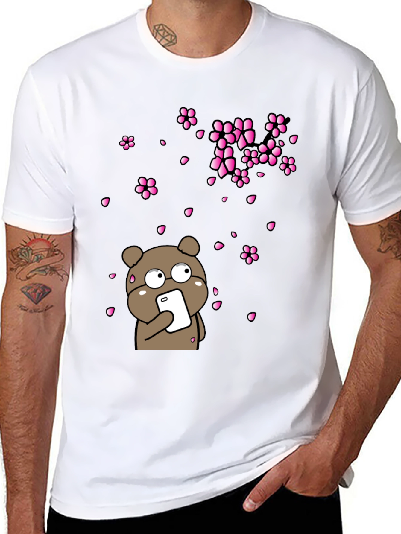 Bear with Phone and Cherry Blossoms Black T-Shirt