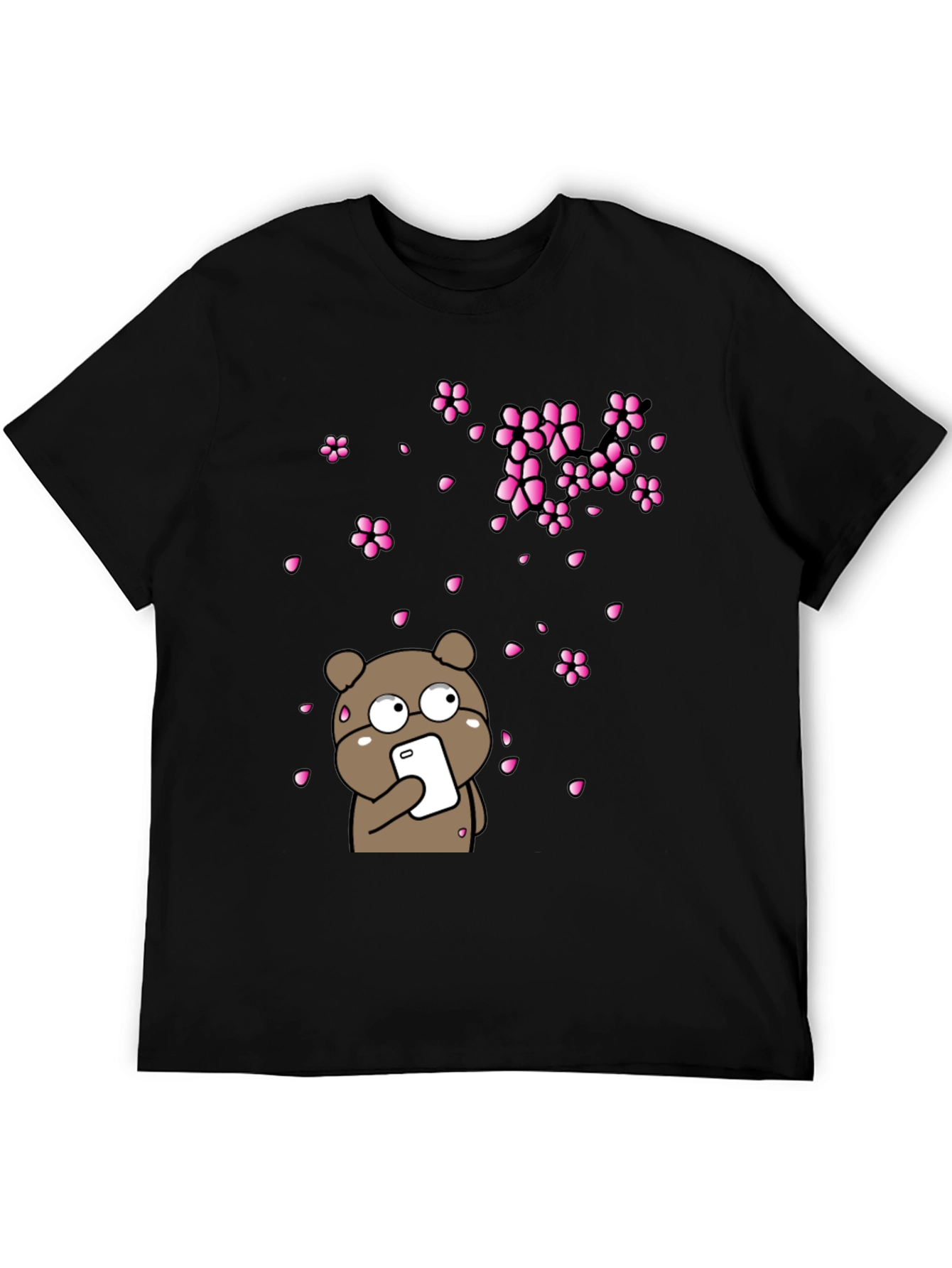 Bear with Phone and Cherry Blossoms Black T-Shirt