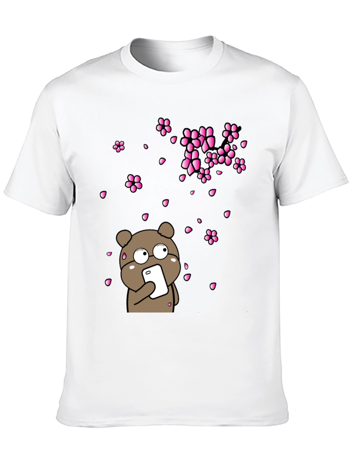 Bear with Phone and Cherry Blossoms Black T-Shirt