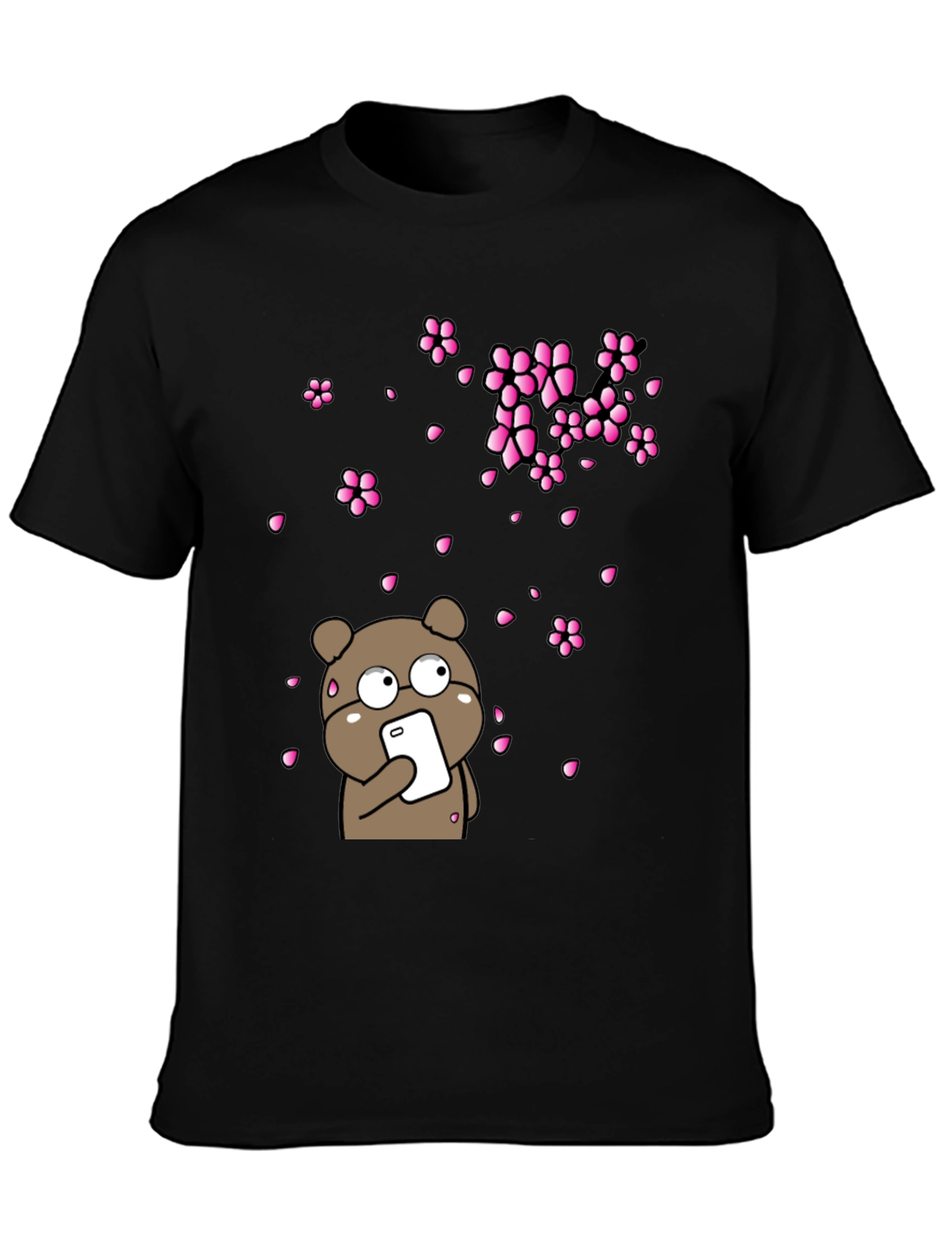 Bear with Phone and Cherry Blossoms Black T-Shirt