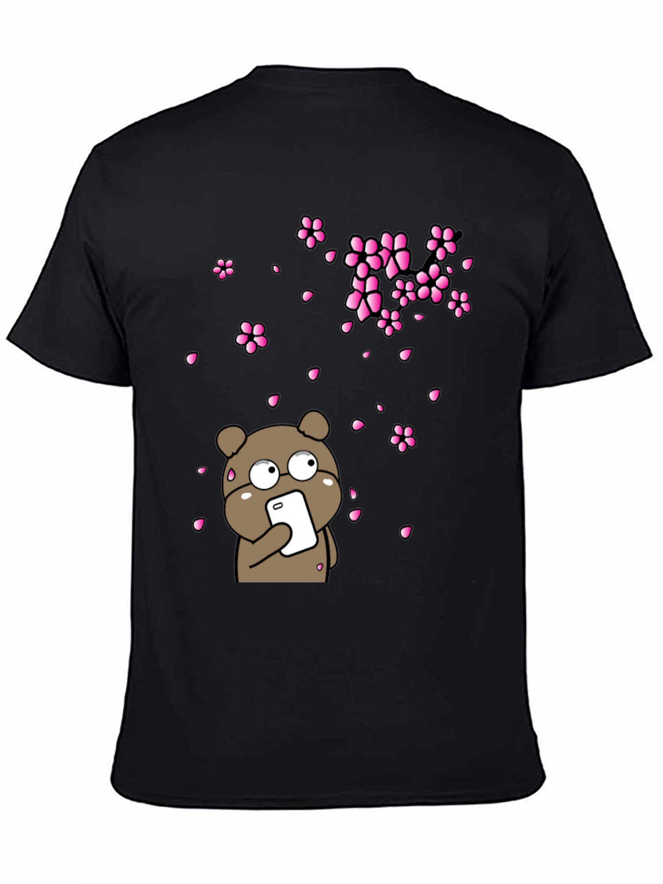 Bear with Phone and Cherry Blossoms Black T-Shirt