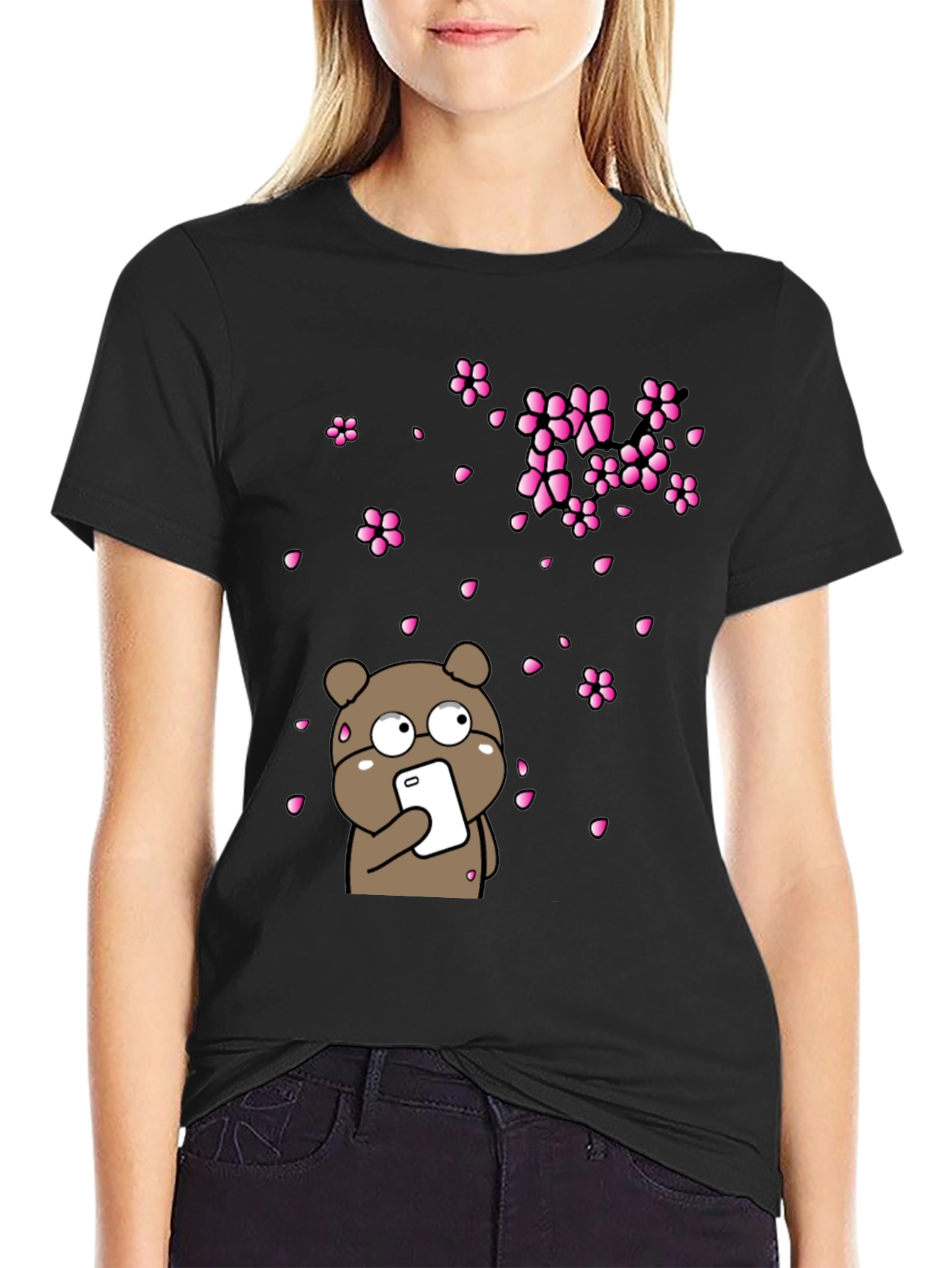 Bear with Phone and Cherry Blossoms Black T-Shirt