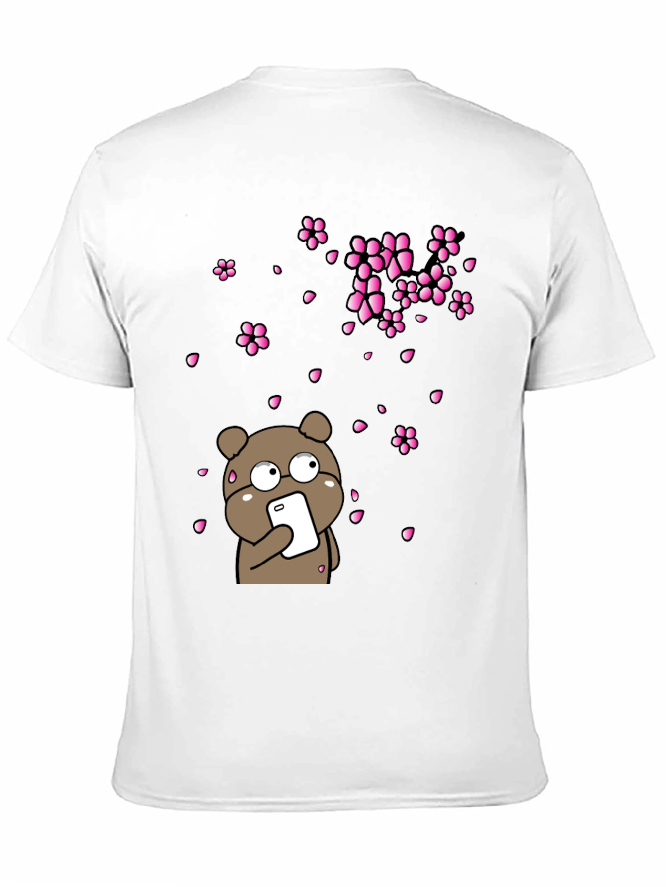 Bear with Phone and Cherry Blossoms Black T-Shirt