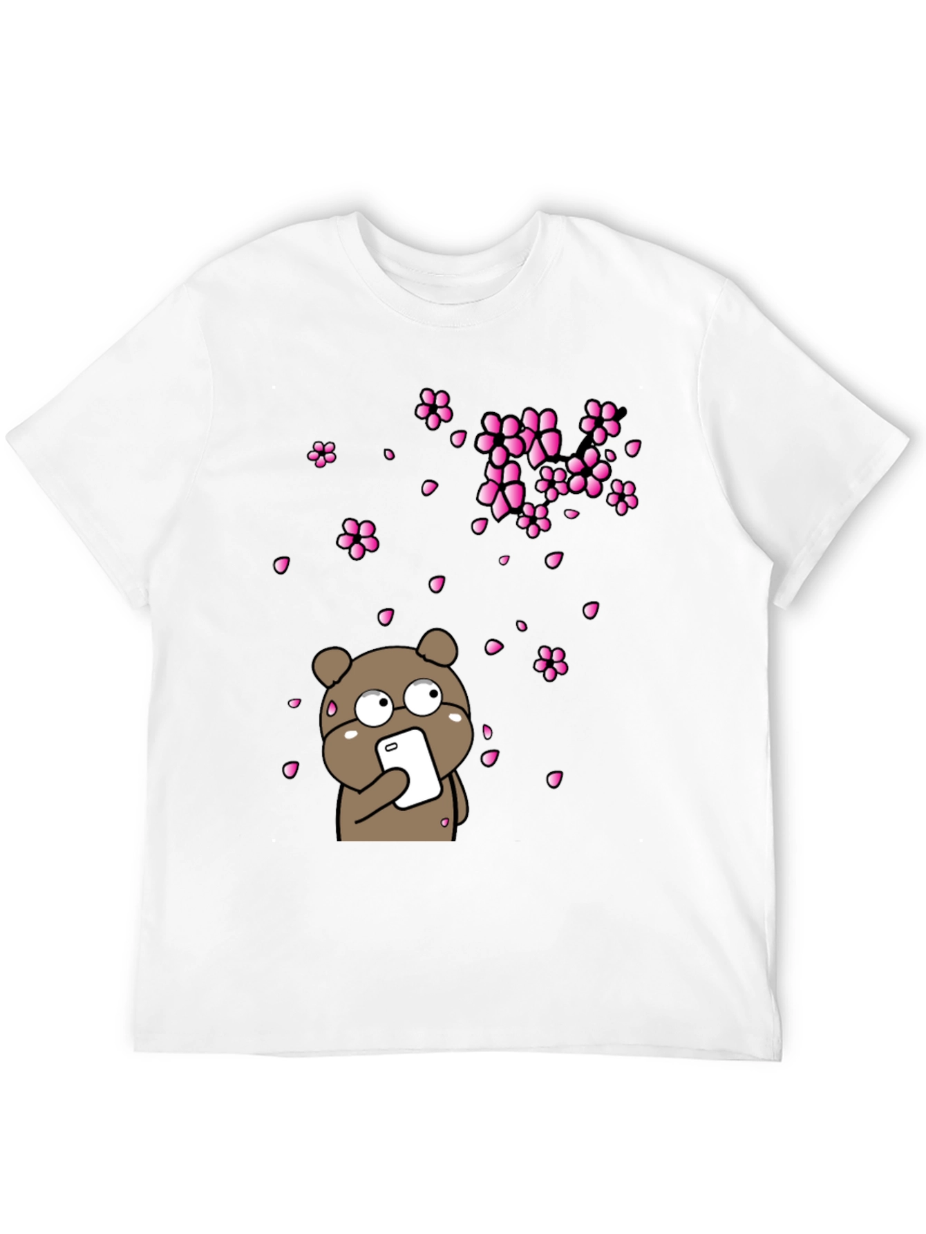 Bear with Phone and Cherry Blossoms Black T-Shirt