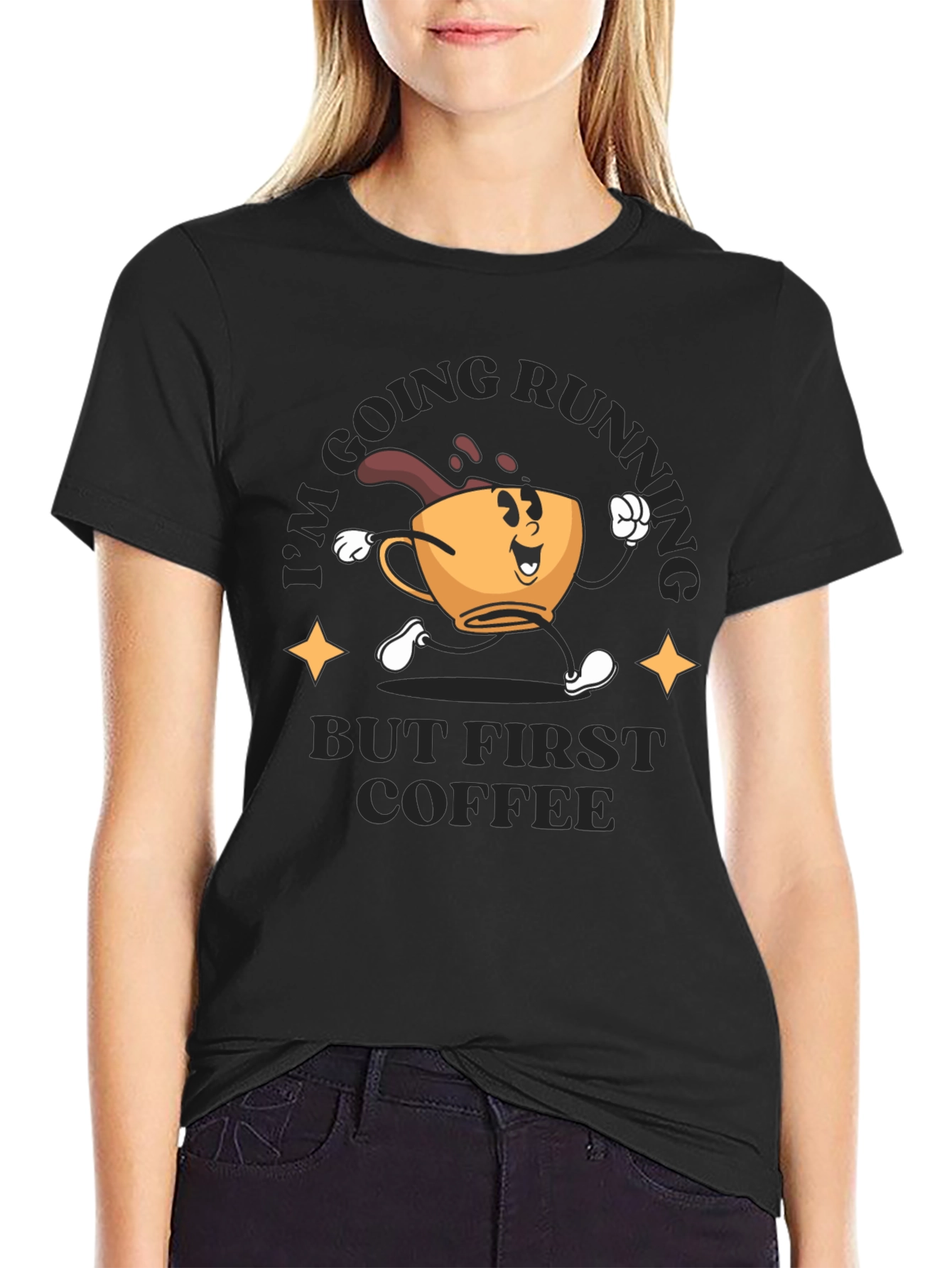 Coffee First Running T-Shirt - Black Crew Neck Tee