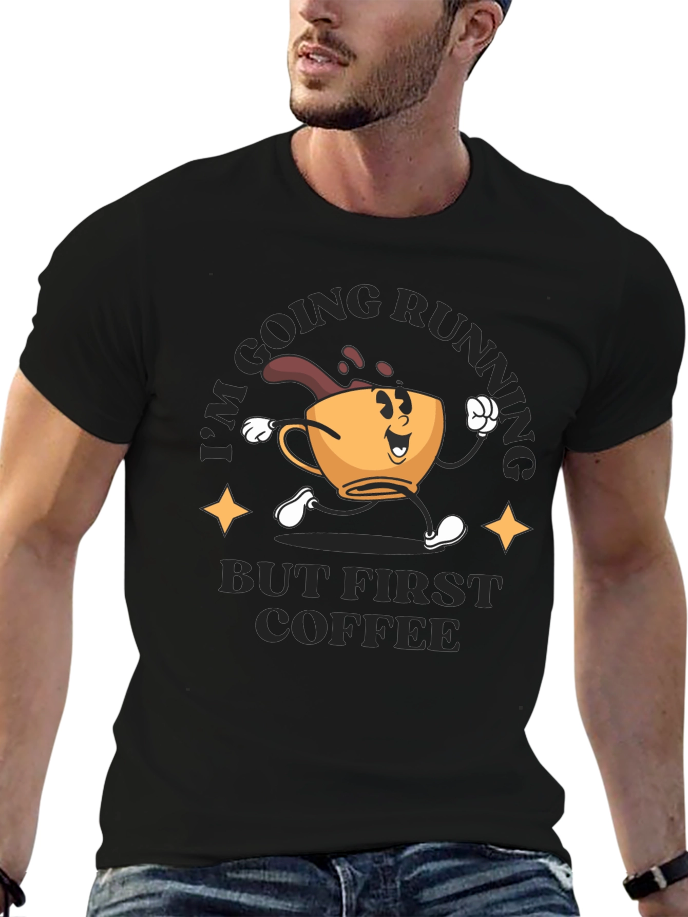 Coffee First Running T-Shirt - Black Crew Neck Tee