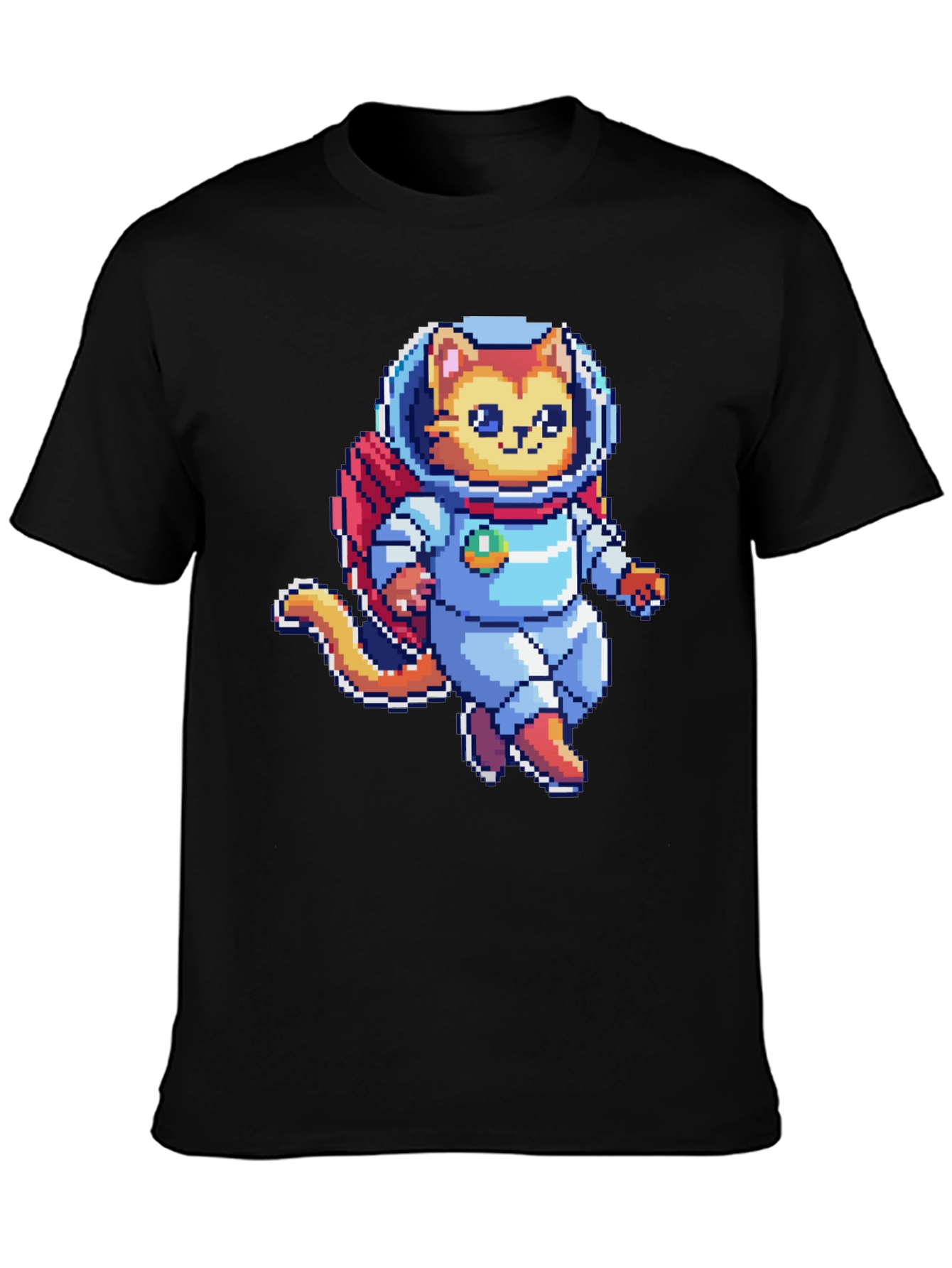 Pixel Cat Astronaut T-Shirt - Black Cotton Tee