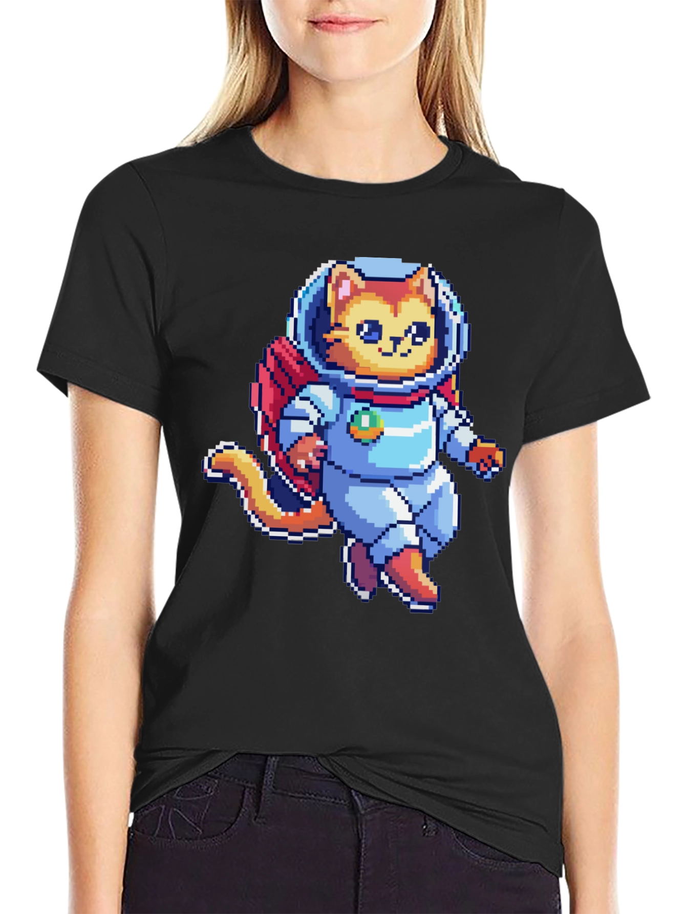 Pixel Cat Astronaut T-Shirt - Black Cotton Tee