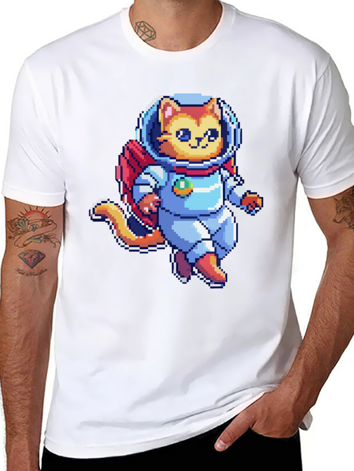 Pixel Cat Astronaut T-Shirt - Black Cotton Tee