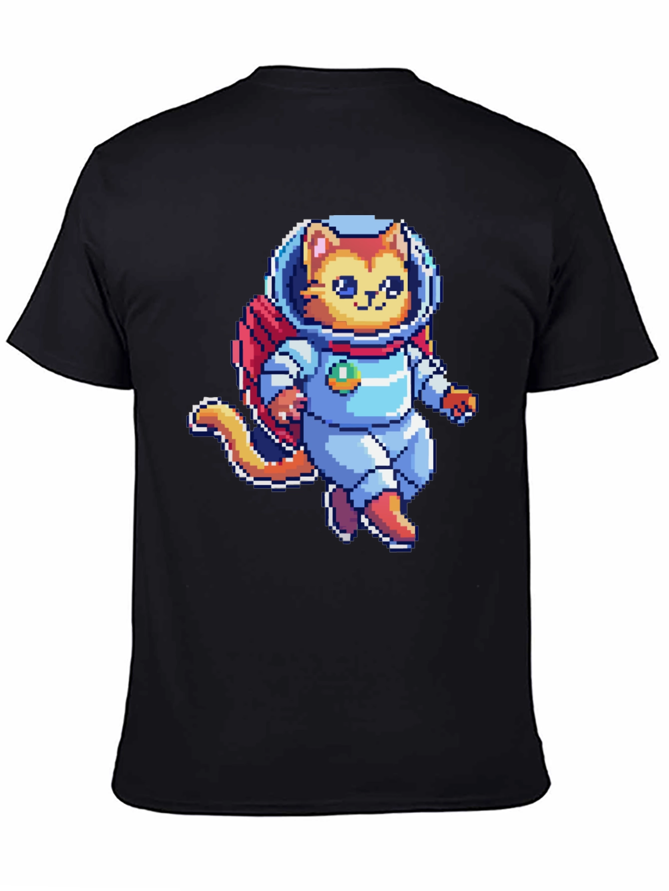 Pixel Cat Astronaut T-Shirt - Black Cotton Tee