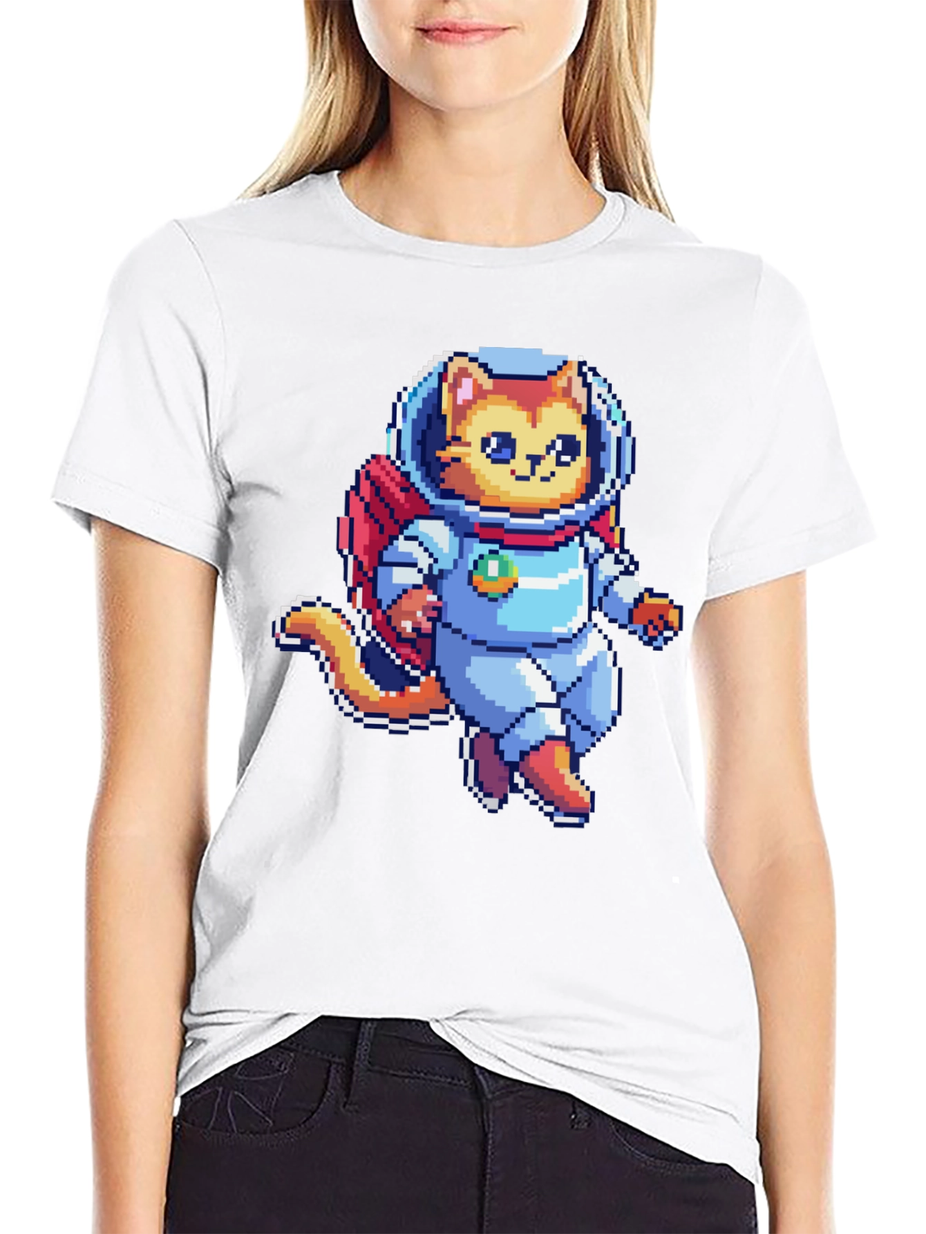 Pixel Cat Astronaut T-Shirt - Black Cotton Tee