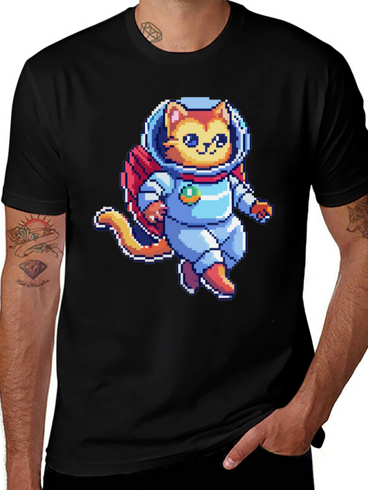 Pixel Cat Astronaut T-Shirt - Black Cotton Tee