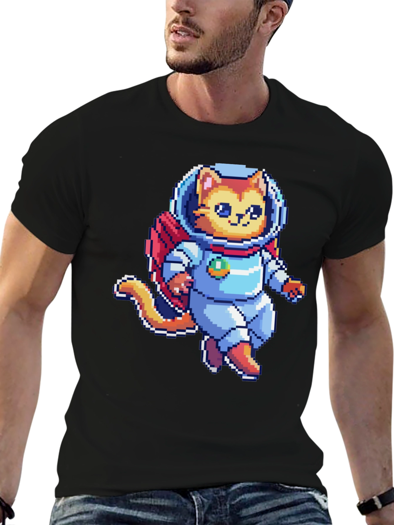 Pixel Cat Astronaut T-Shirt - Black Cotton Tee