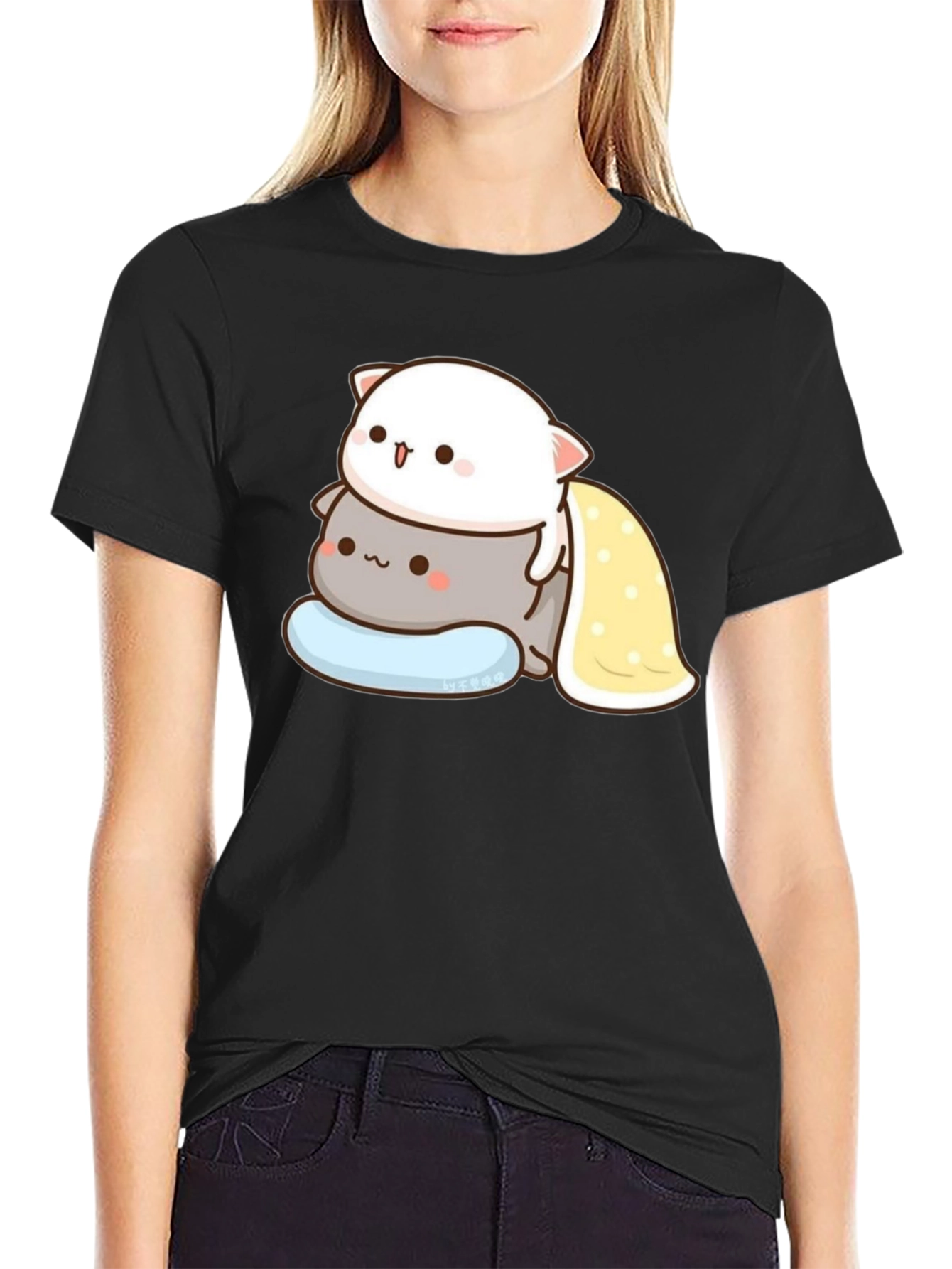 Cute Cat Stacked T-Shirt - Black