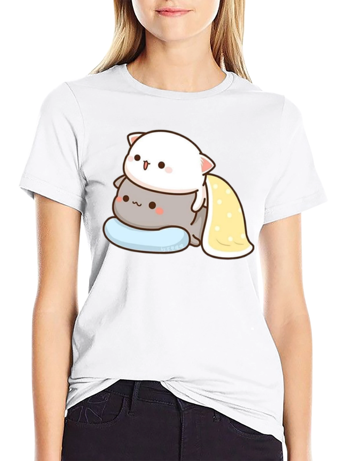 Cute Cat Stacked T-Shirt - Black