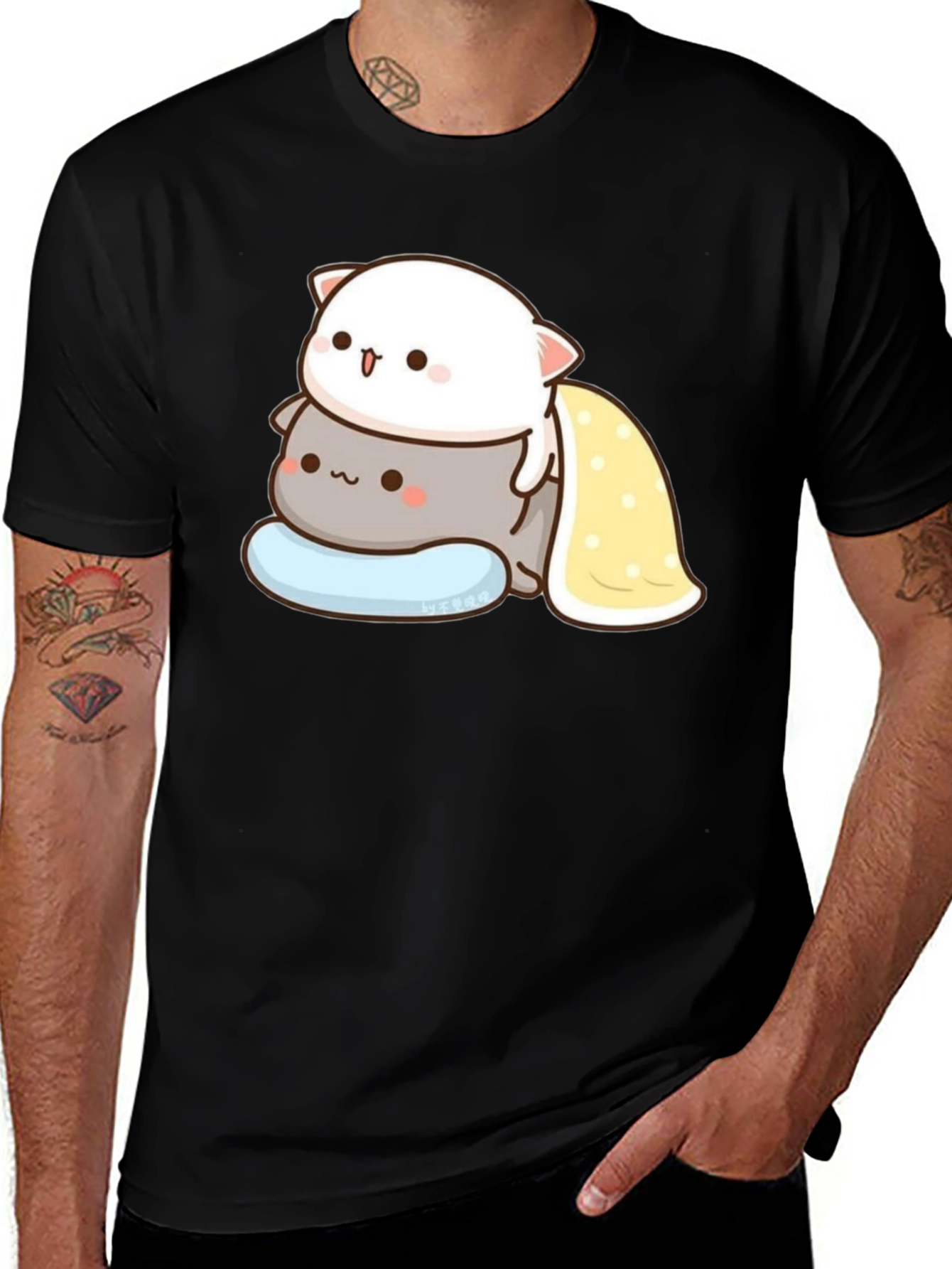 Cute Cat Stacked T-Shirt - Black