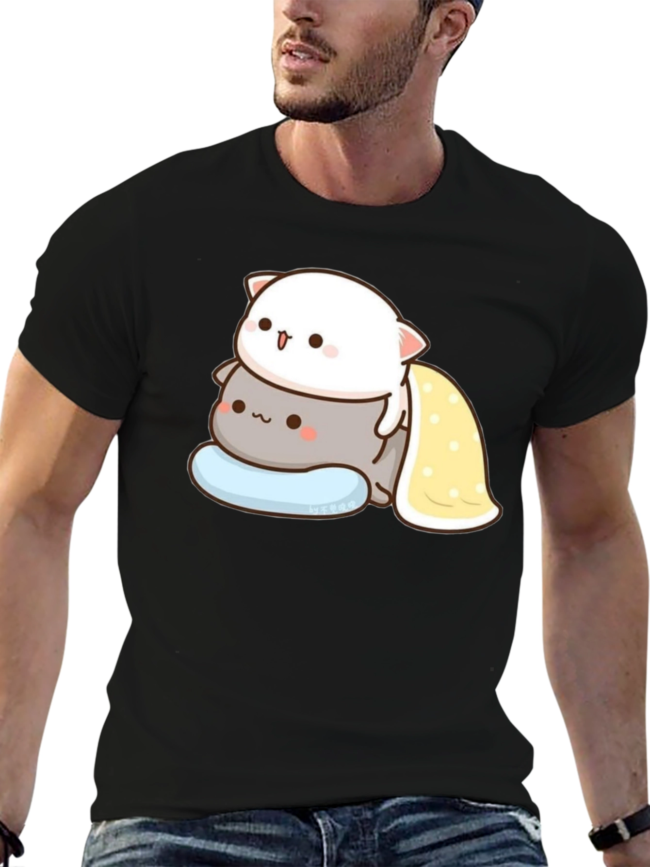 Cute Cat Stacked T-Shirt - Black