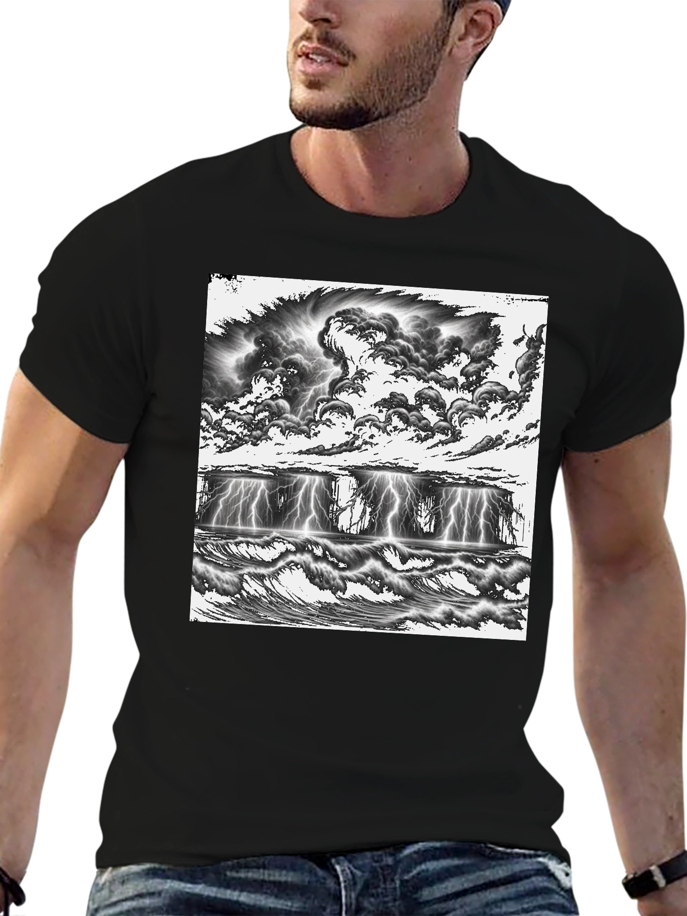 Stormy Seas Graphic Tee - Black Cotton T-Shirt