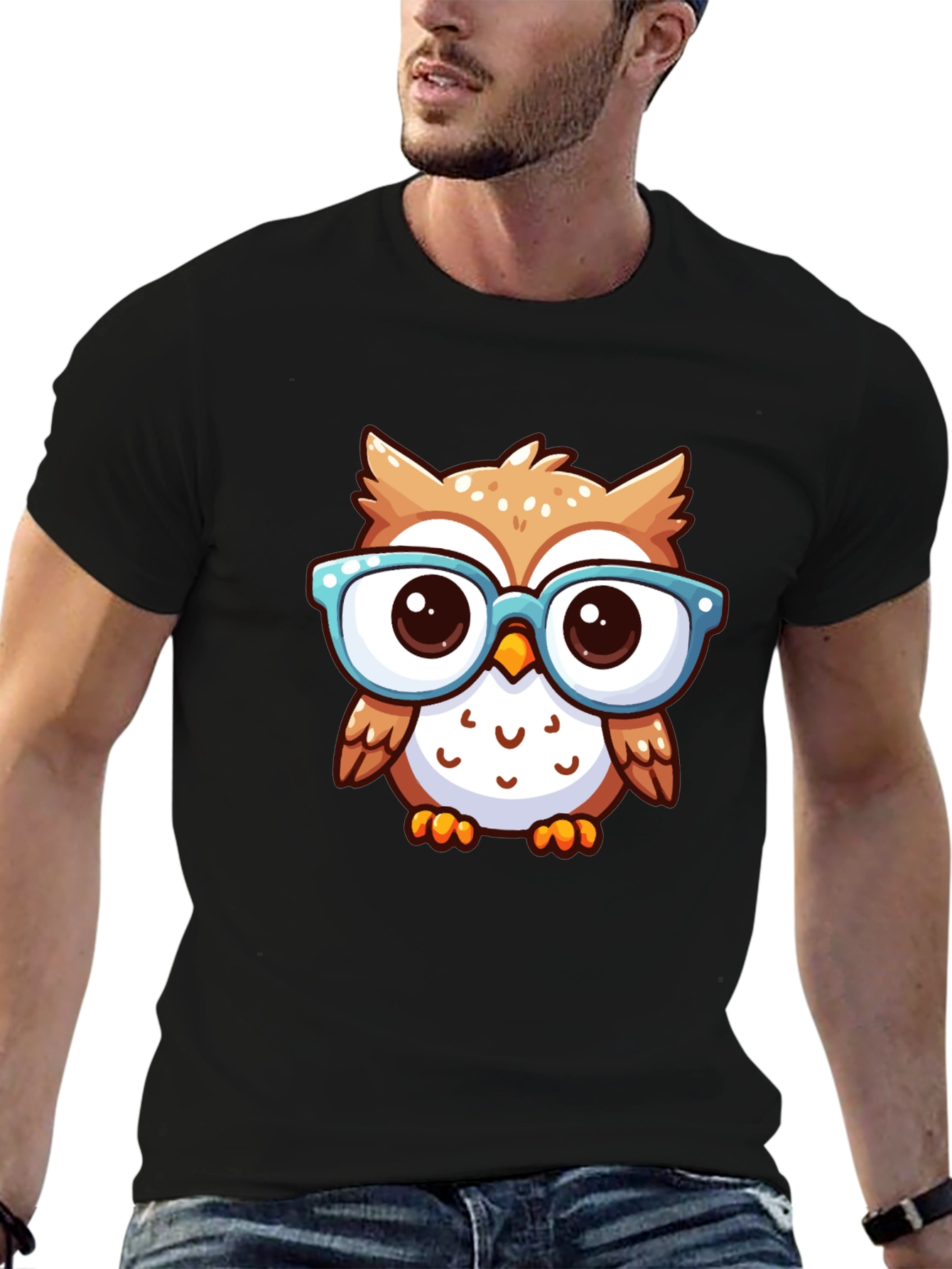 Nerdy Owl Graphic Tee - Black Cotton T-Shirt
