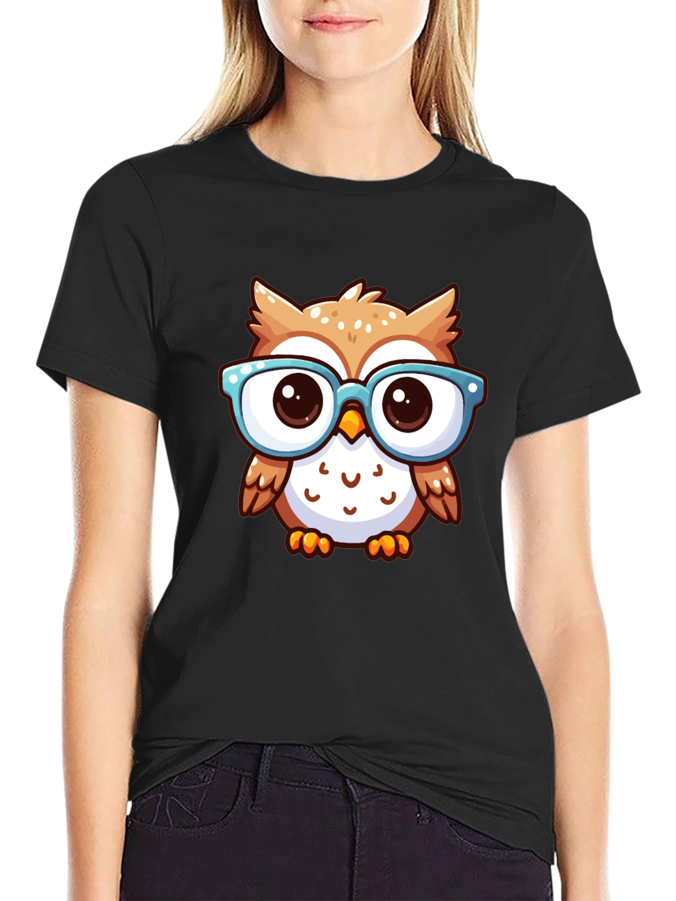 Nerdy Owl Graphic Tee - Black Cotton T-Shirt