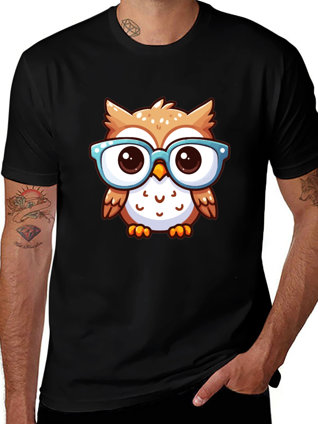 Nerdy Owl Graphic Tee - Black Cotton T-Shirt
