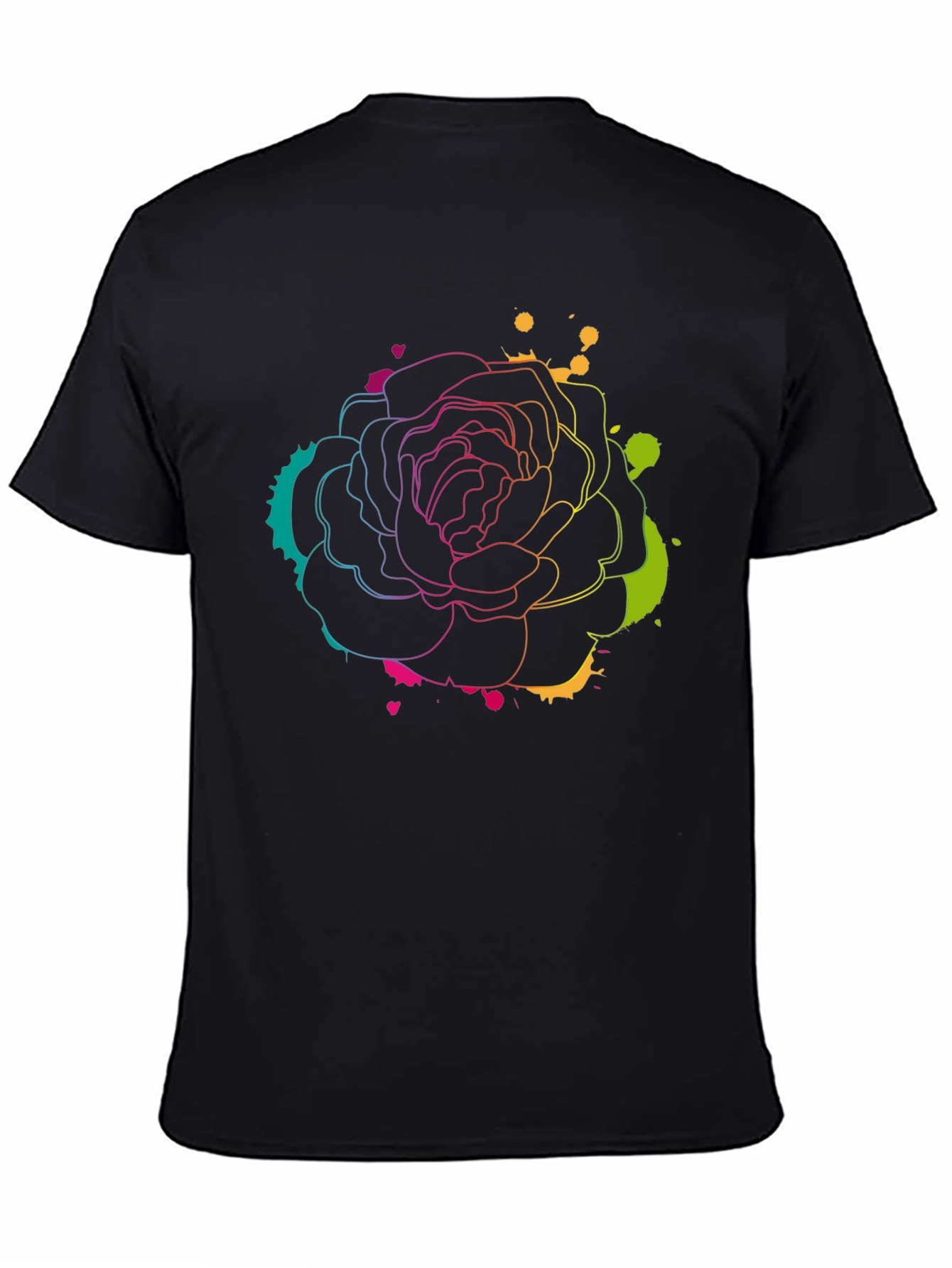 Vibrant Rose Outline Graphic Print Black T-Shirt
