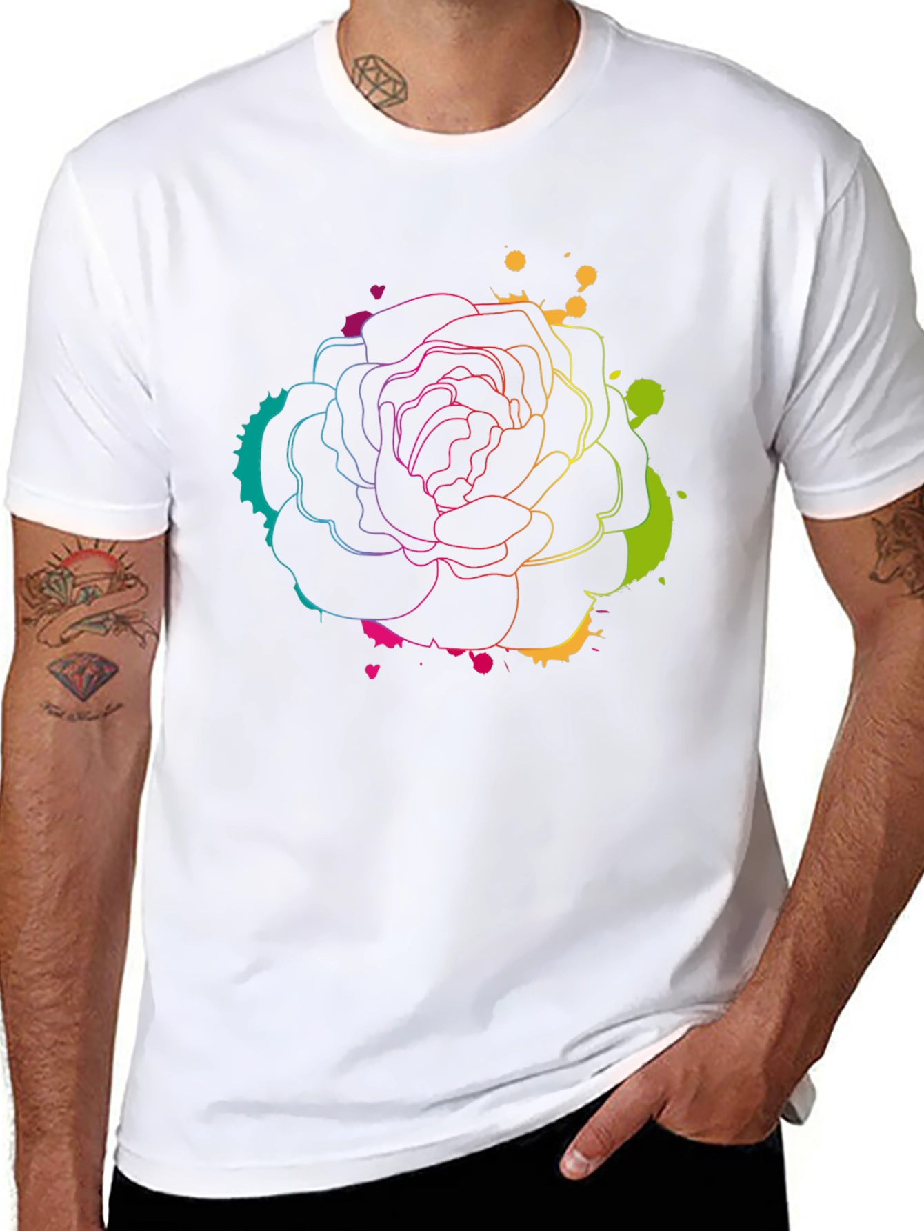 Vibrant Rose Outline Graphic Print Black T-Shirt