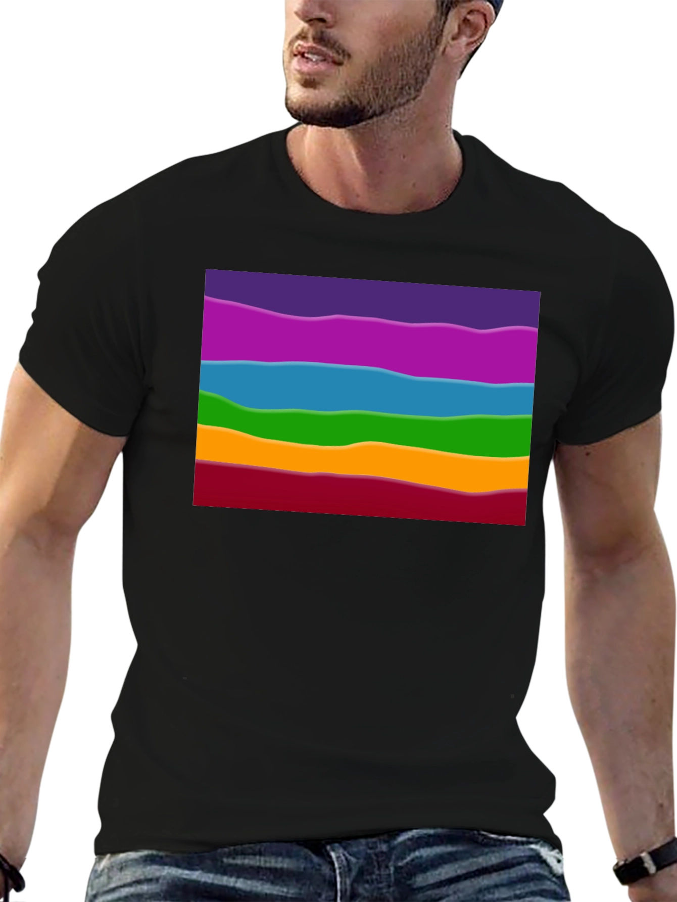 Rainbow Wave Graphic Black Tee - Casual Style