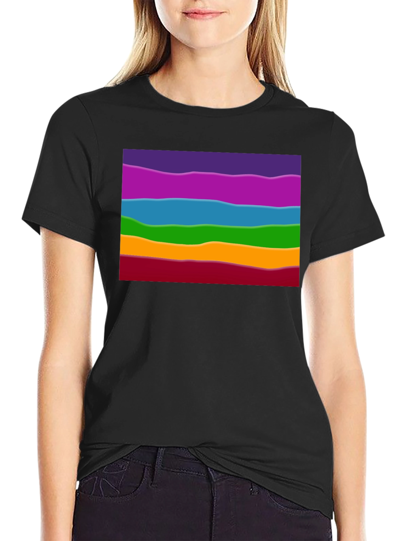 Rainbow Wave Graphic Black Tee - Casual Style