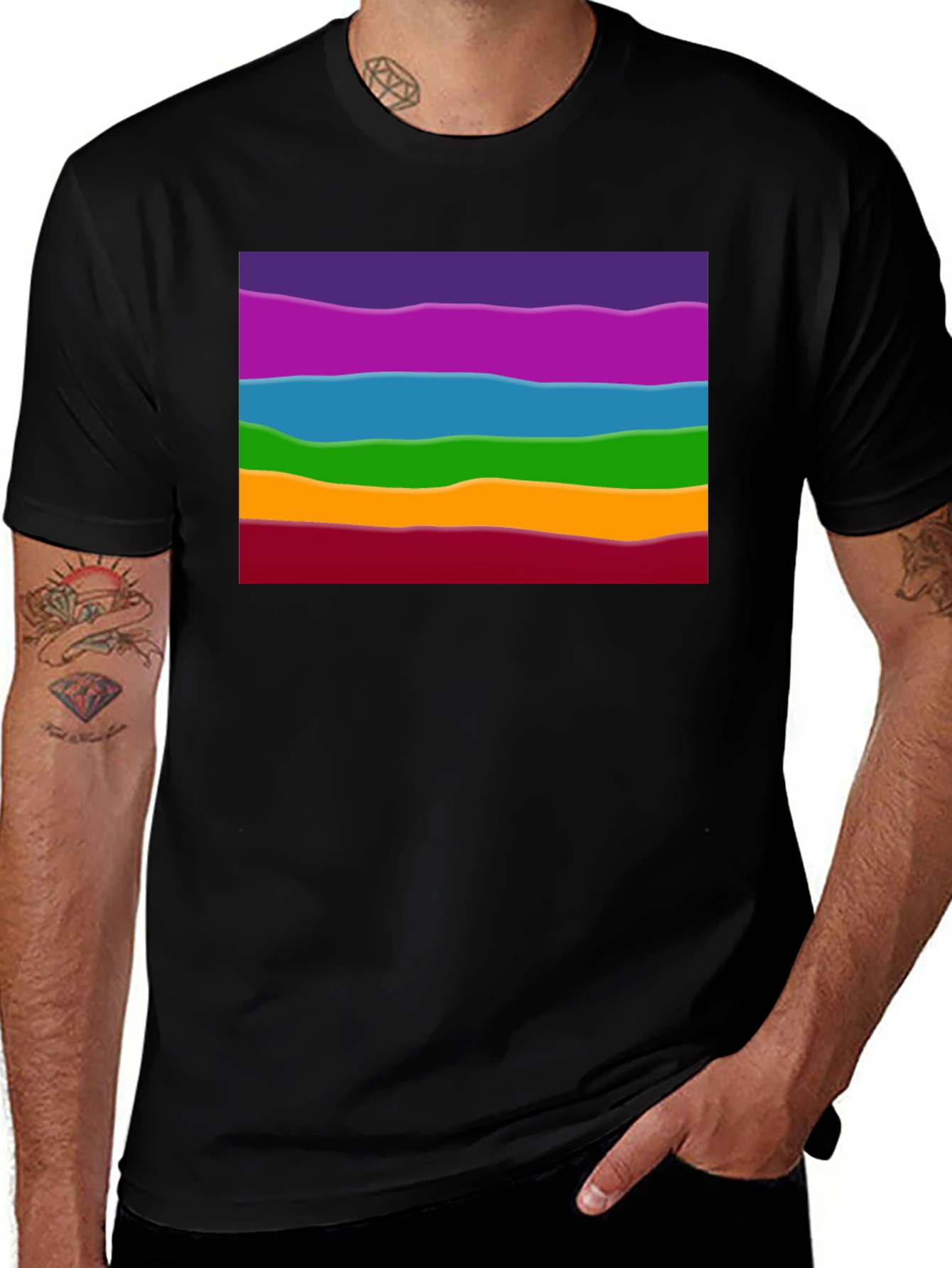 Rainbow Wave Graphic Black Tee - Casual Style