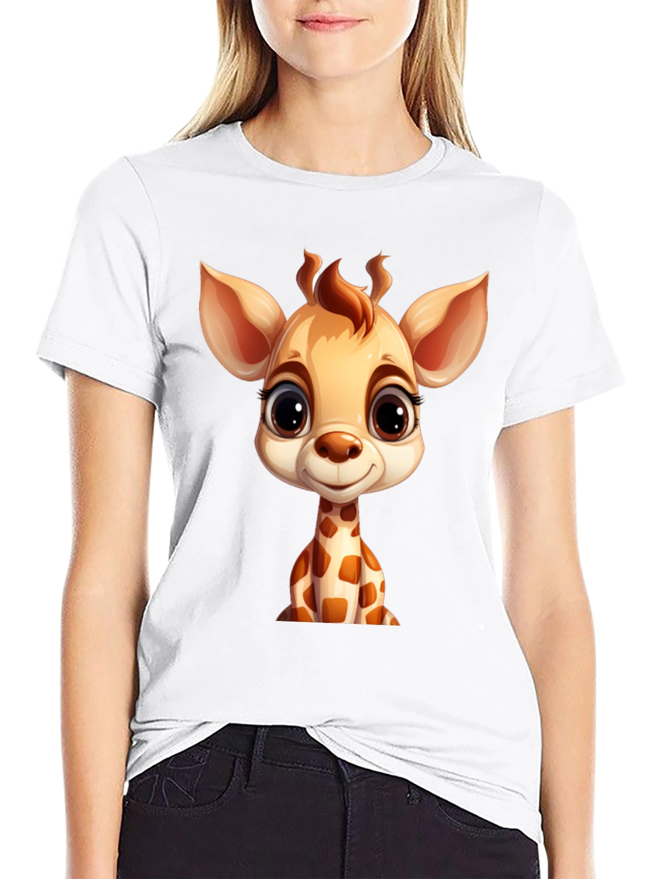 Cute Giraffe Cartoon Black T-Shirt