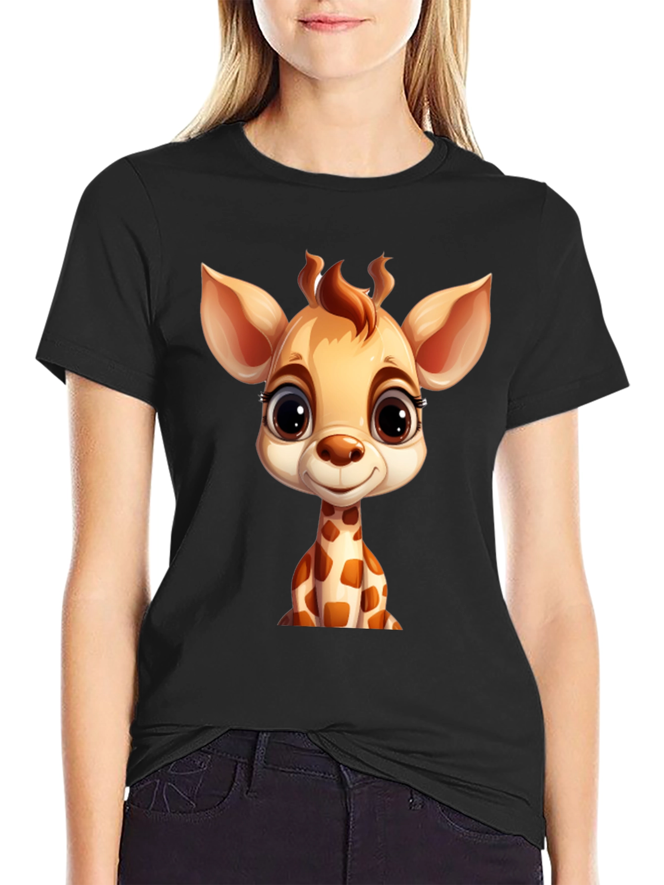 Cute Giraffe Cartoon Black T-Shirt