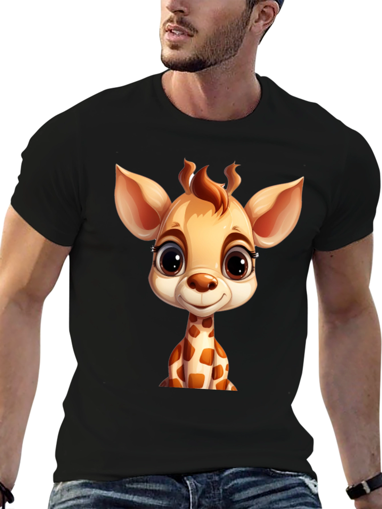 Cute Giraffe Cartoon Black T-Shirt