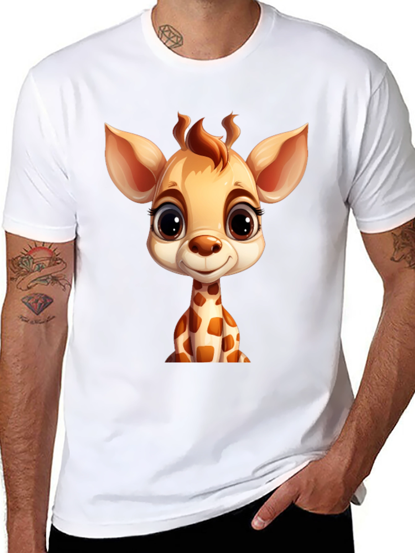 Cute Giraffe Cartoon Black T-Shirt