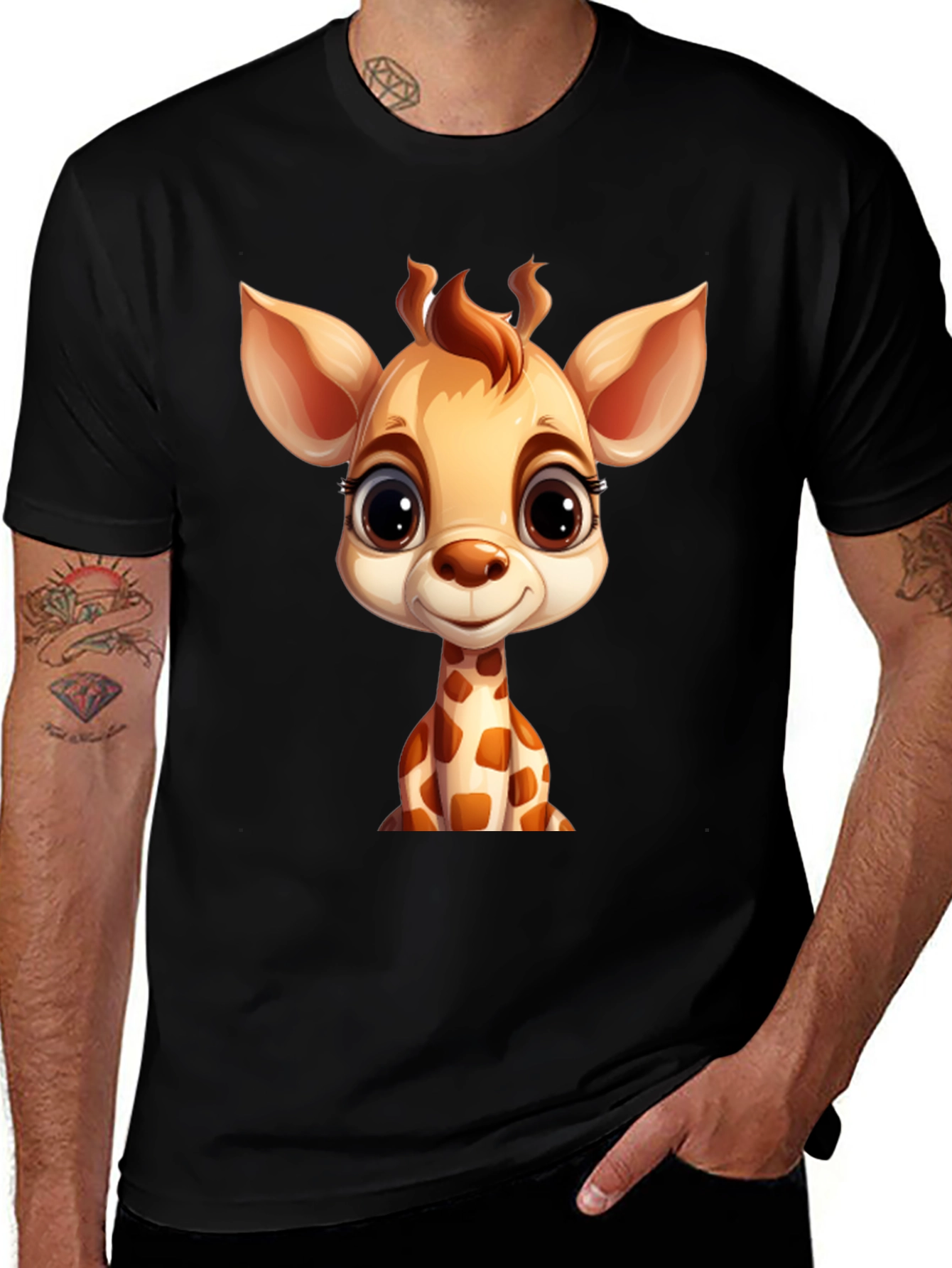 Cute Giraffe Cartoon Black T-Shirt
